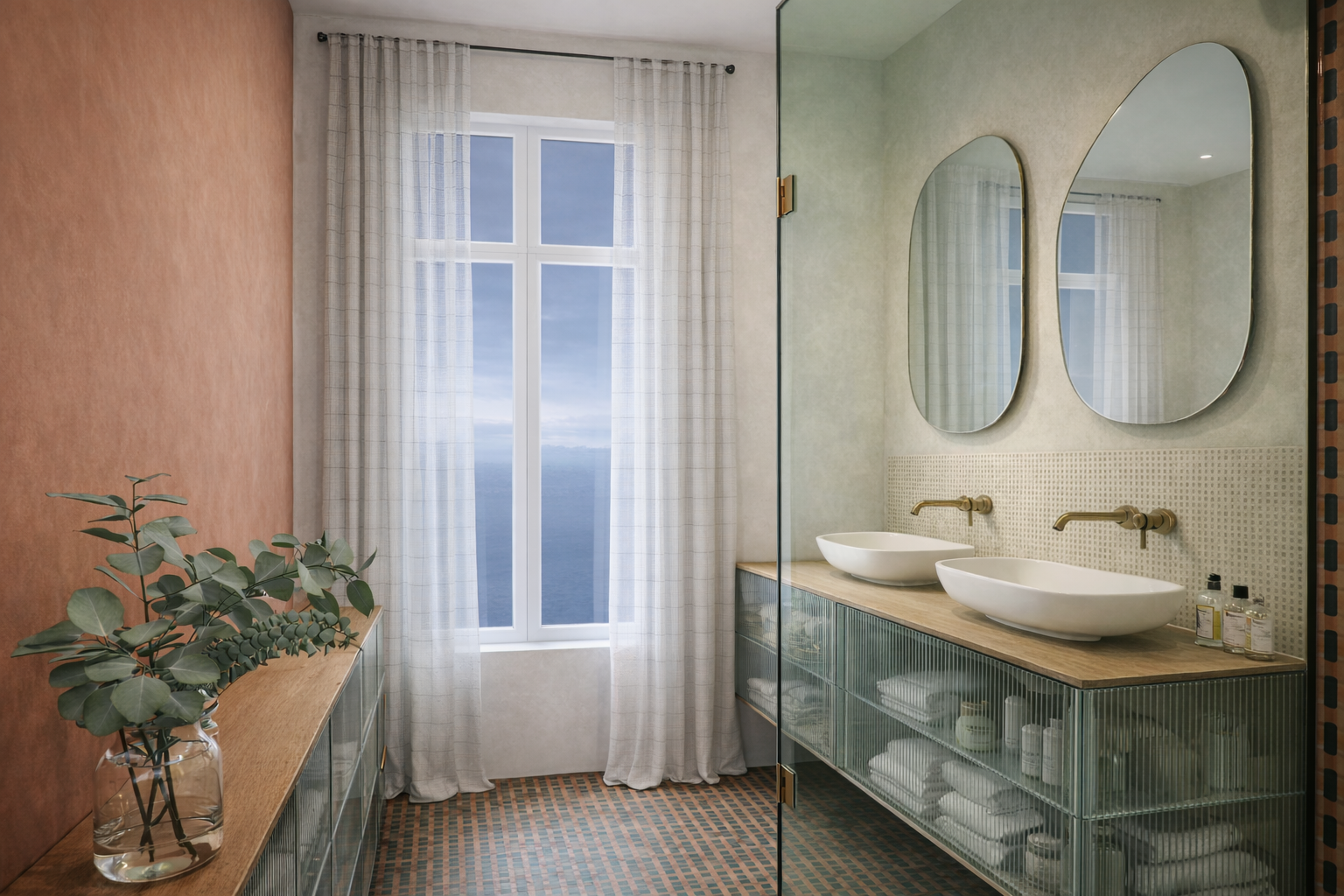 Salle de bain lumineuse; salle de bain moderne; Meuble sur mesure en verre ; Peinture à la chaux; Couleur sable et terracota; Meuble double vasque; Grand miroir