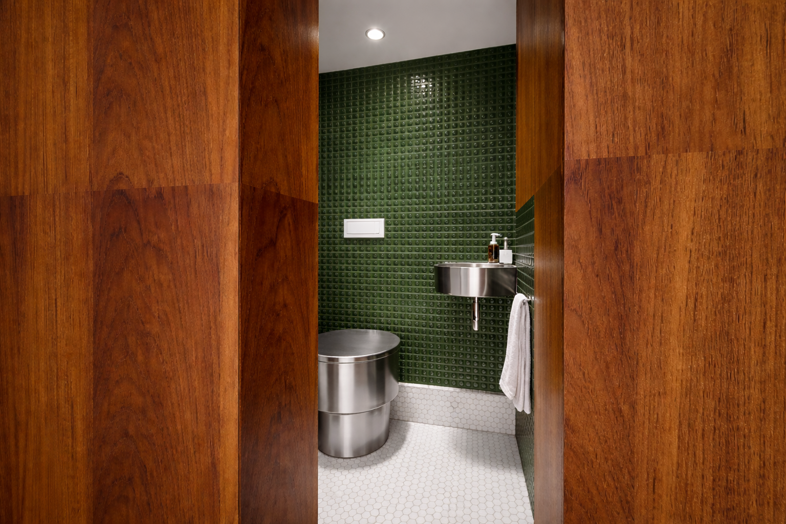 WC contemporain; WC Alu; mosaïque blanche au sol; Céramique verte; Bois