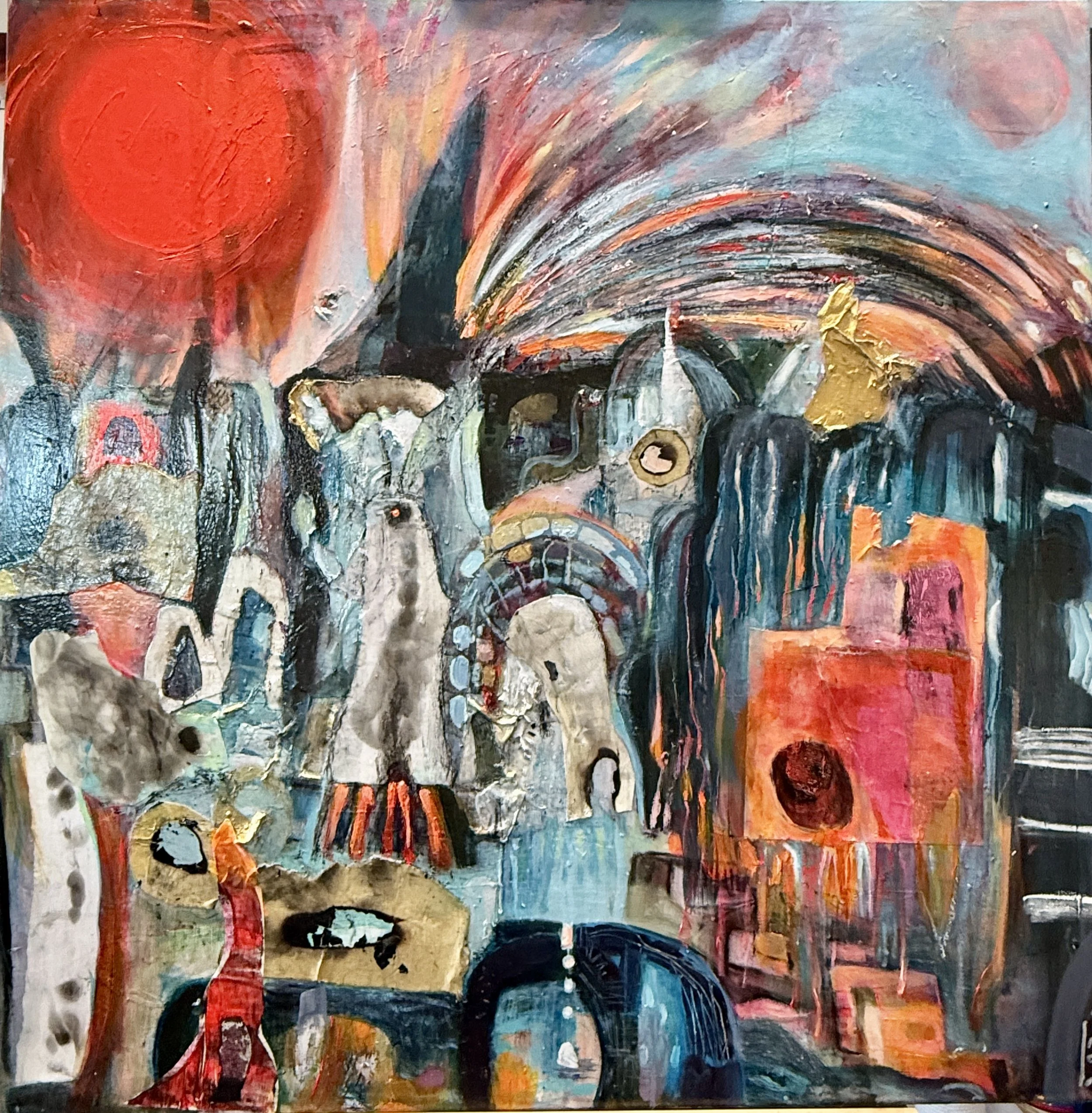 Fragmentation :  Life out of Balance. Burning from The Inside. Abstract collage and painting symbolic of man made destruction and creation with energetic brushstrokes, featuring organic and inorganic -like architectural and organic forms