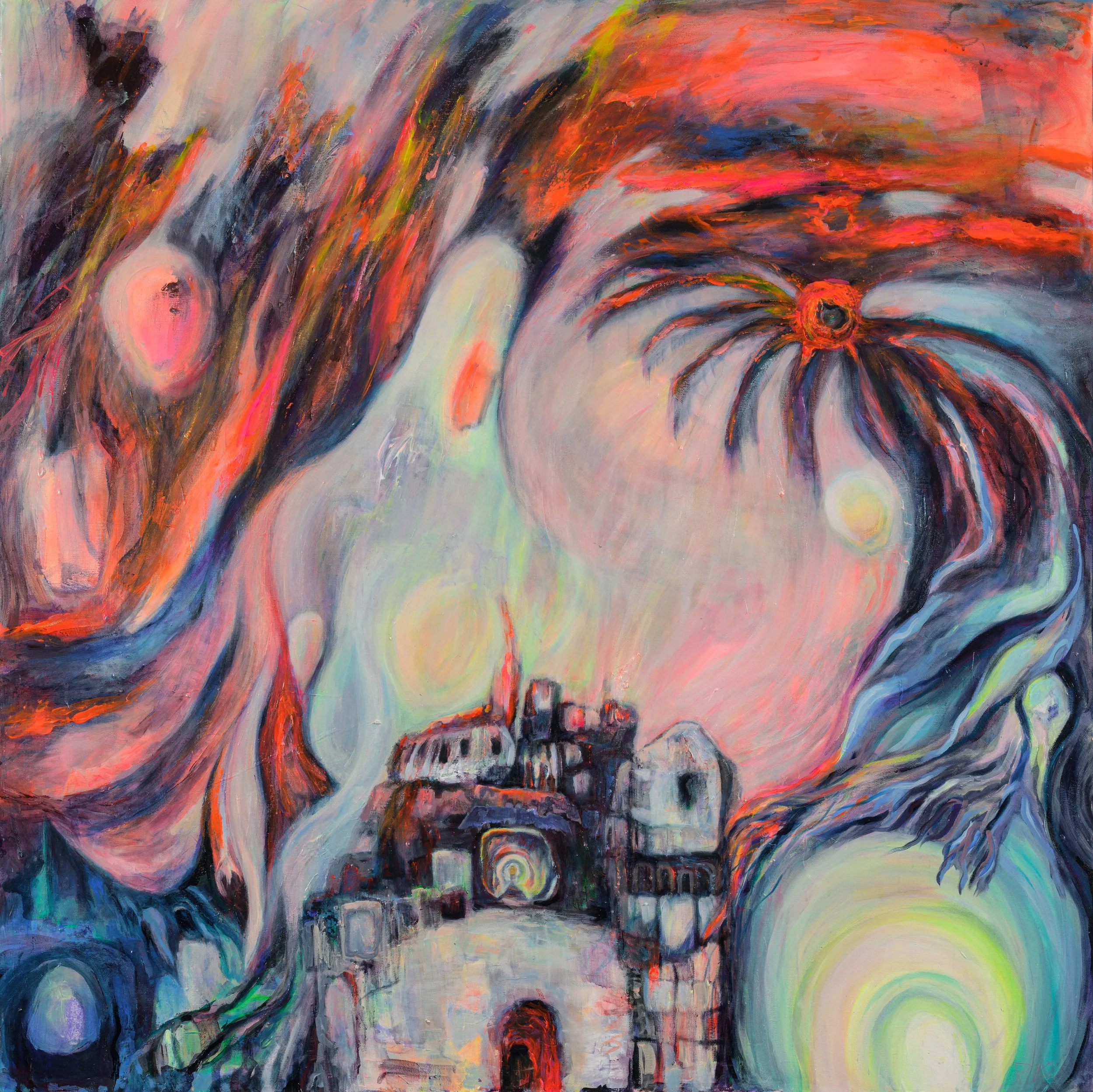 Hexagram 40: Deliverance. An abstract painting inspired by the I Ching with a  fiery sky with swirling reds, oranges, and blues. A castle is at the bottom center, with spirals and glowing orbs in the background, creating a mystical, dreamlike scene.
