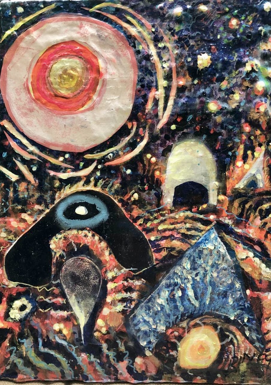 An abstract painting featuring swirling patterns, bright colors, and geometric shapes including circles, triangles, and rectangles. It resembles a cosmic or space scene with a large circular shape at the top, a face-like figure with an eye, and other shapes scattered throughout a vibrant background.