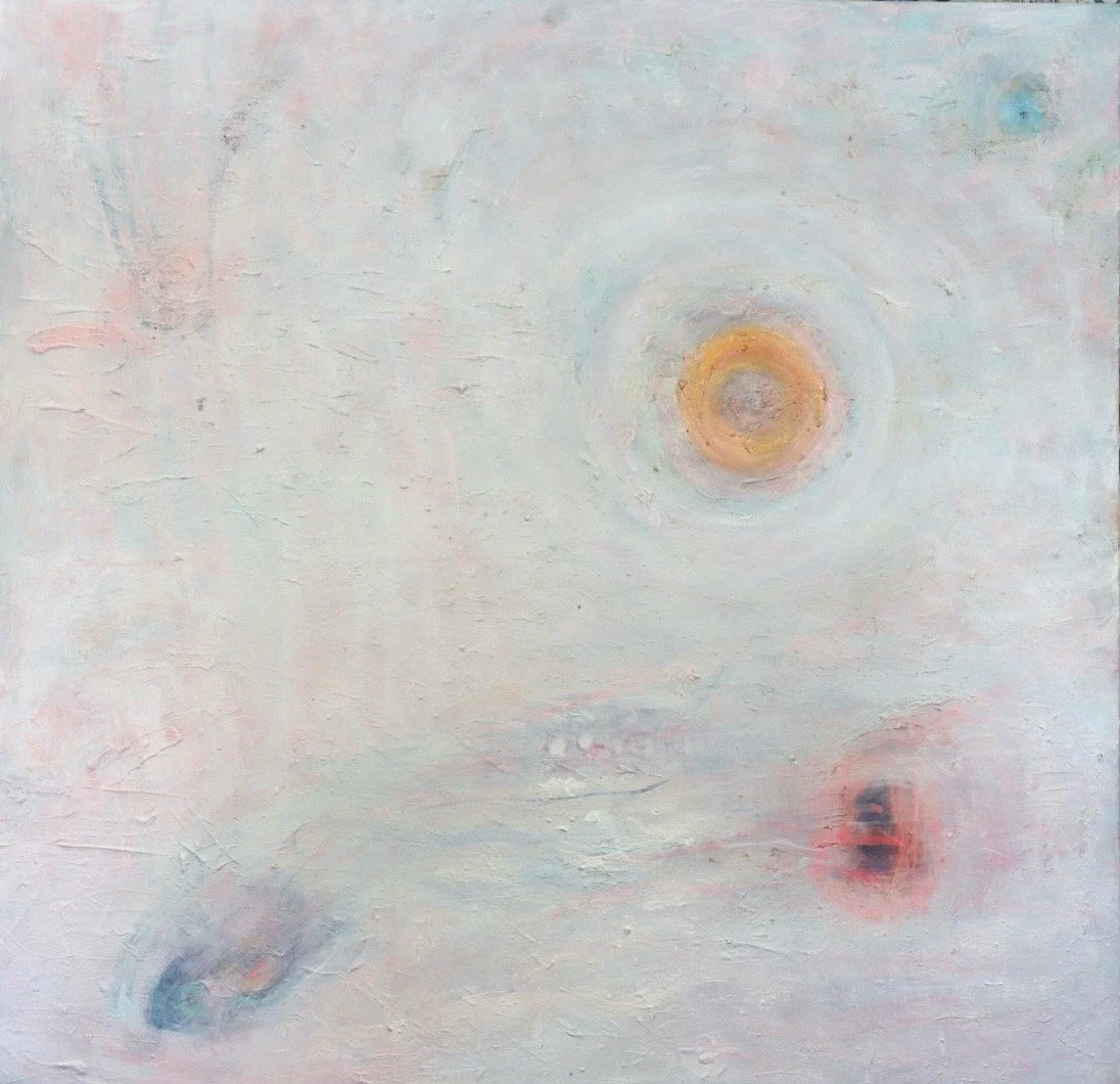 INTEGRATION: Remembering Wholeness, Rebirth of Illusion. Abstract painting with soft pastel colors and circular shapes depicting the reemergence of old patterns after rebirth