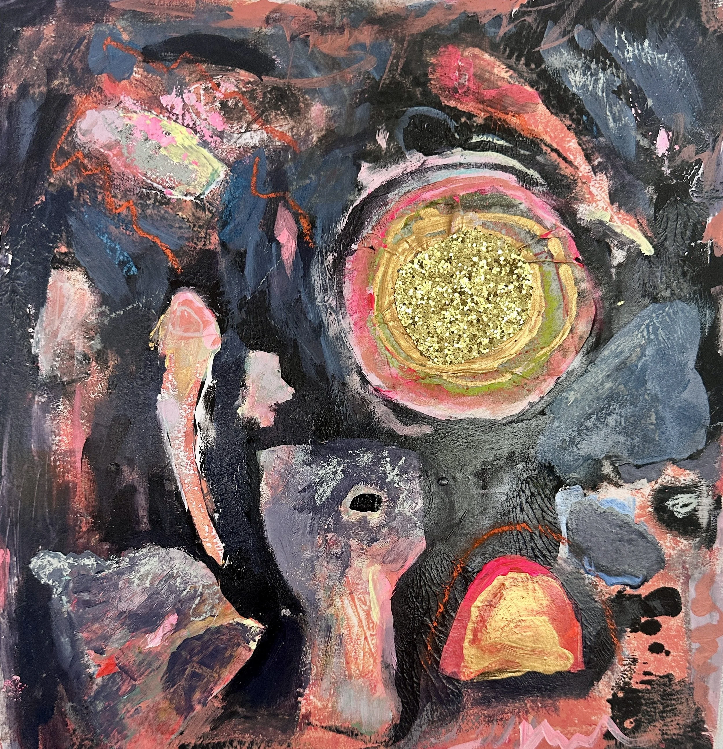 Fragmentation : Life out of Balance. Primordial Sound. Abstract painting of a woman with curly dark hair, holding a smartphone, with two large glowing orbs around her head, and vibrant colors of black, pink, yellow, and blue.