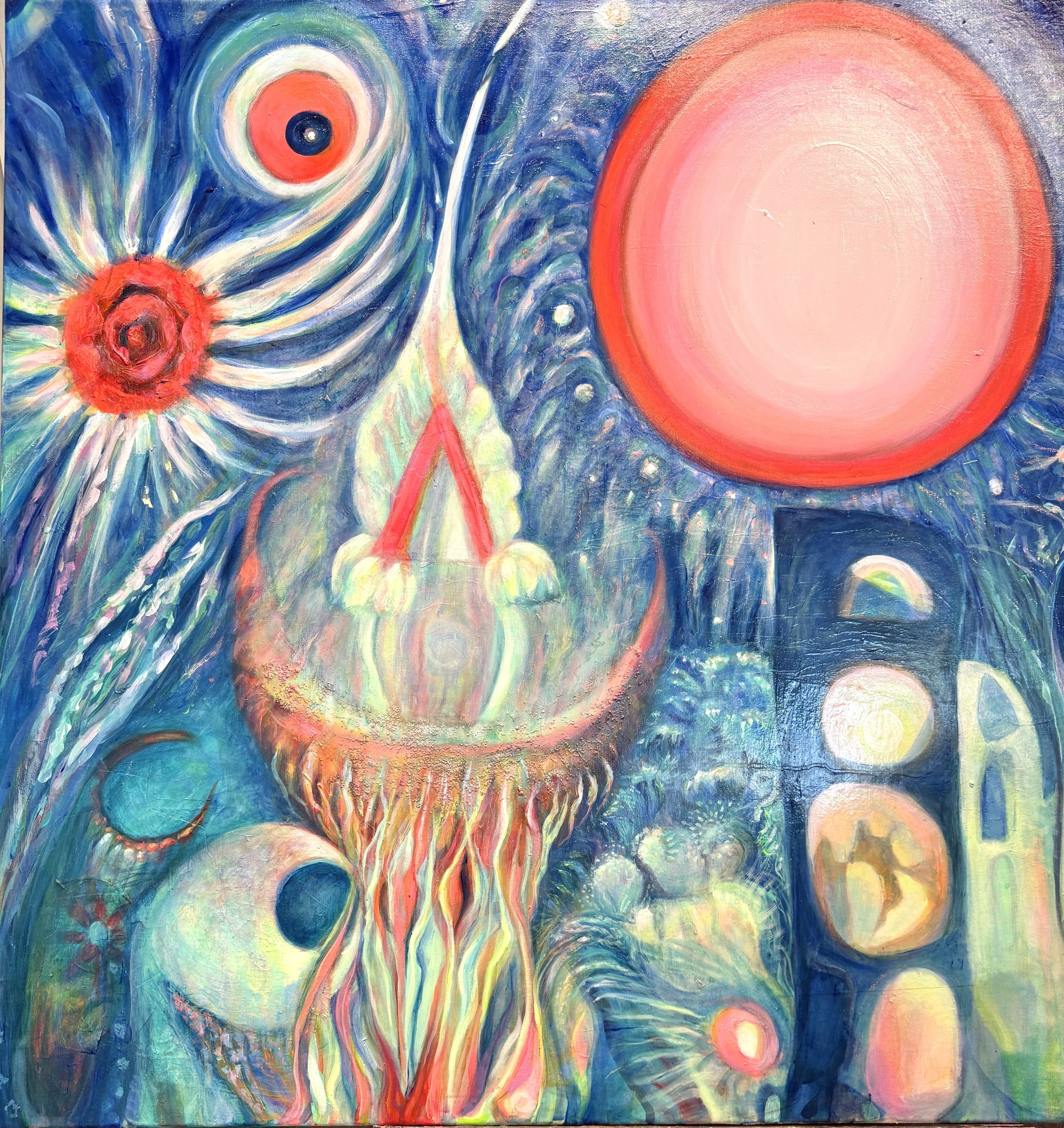 Fragmentation : Life out of Balance. Incantation for the Broken. Abstract painting with swirling blue background, a large glowing pink and orange portal, and various colorful celestial and organic shapes.