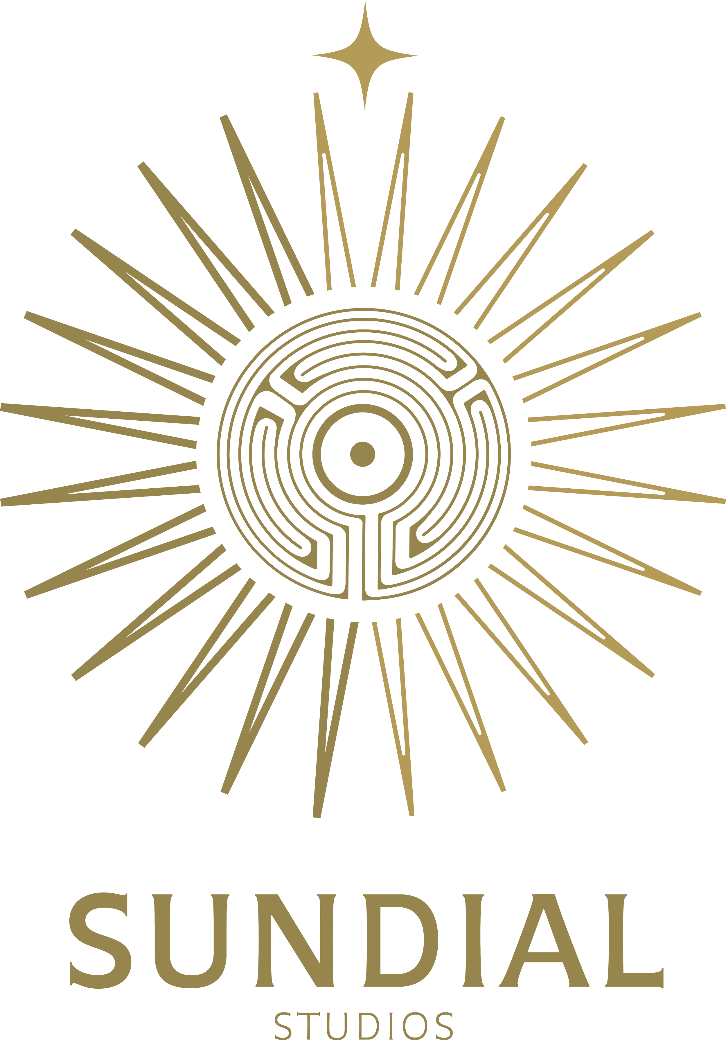 Gold logo of Sundial Studios featuring a stylised sundial with a true north anchor,  directional rays in shadow and light, a maze in the center representing the whole mind mind,  with the company name beneath.