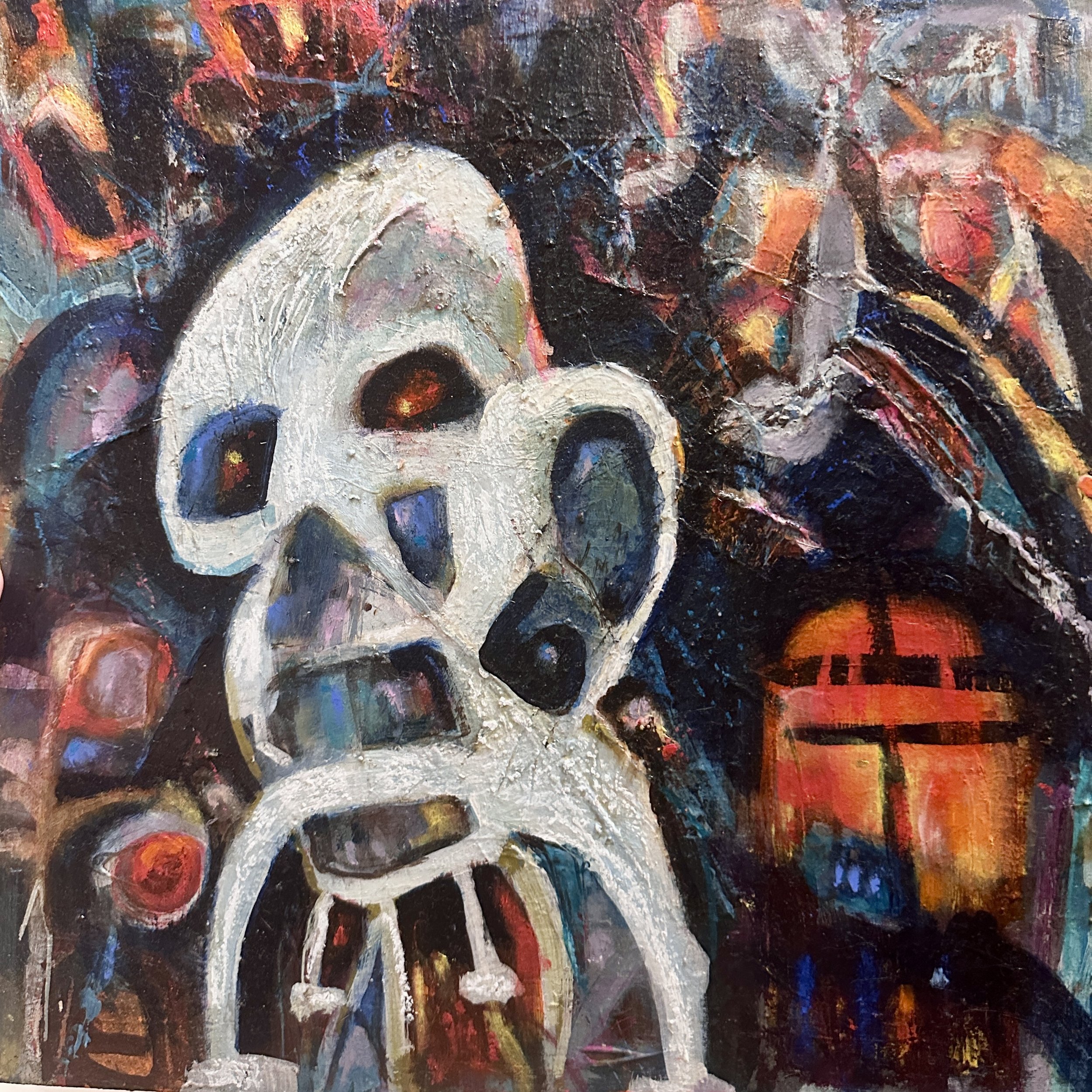Fragmentation : Life out of Balance:  The Unbearable Weight of Your Ego. Abstract painting of a white skull with black eyes and nose, set against a vibrant multicolored background with fiery tones and dark accents.