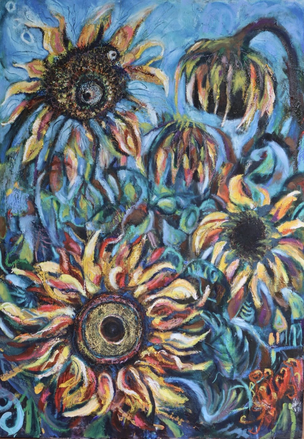 Fragmentation : Life out of Balance:  Death Becomes Her. Colorful abstract painting of sunflowers with vibrant hues and expressive brushstrokes.