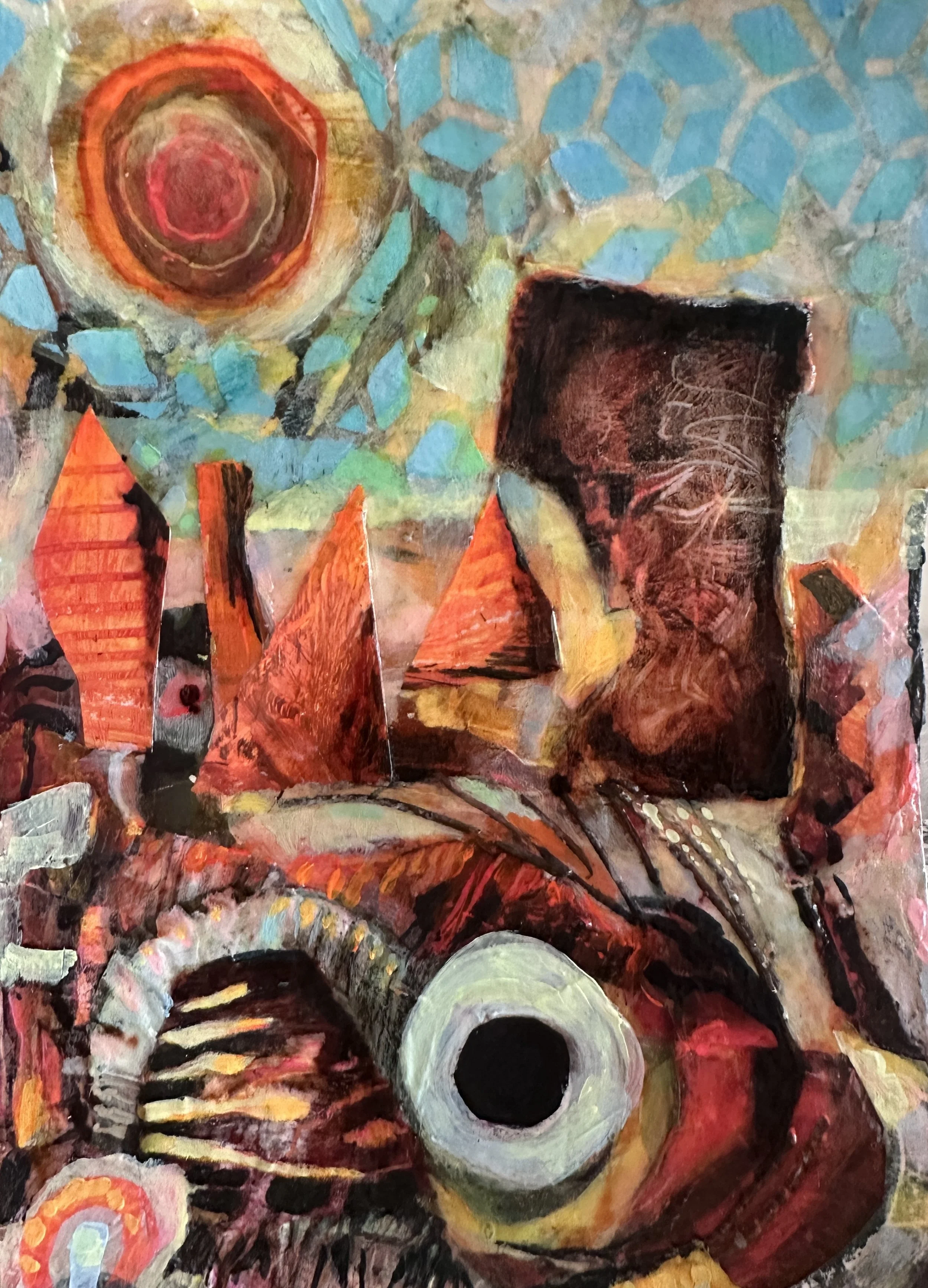 Abstract painting featuring a large, circular, red and orange shape at the top left, a dark rectangular shape with intricate lines and faces on the right, and various geometric and organic shapes in shades of red, orange, yellow, and blue throughout.