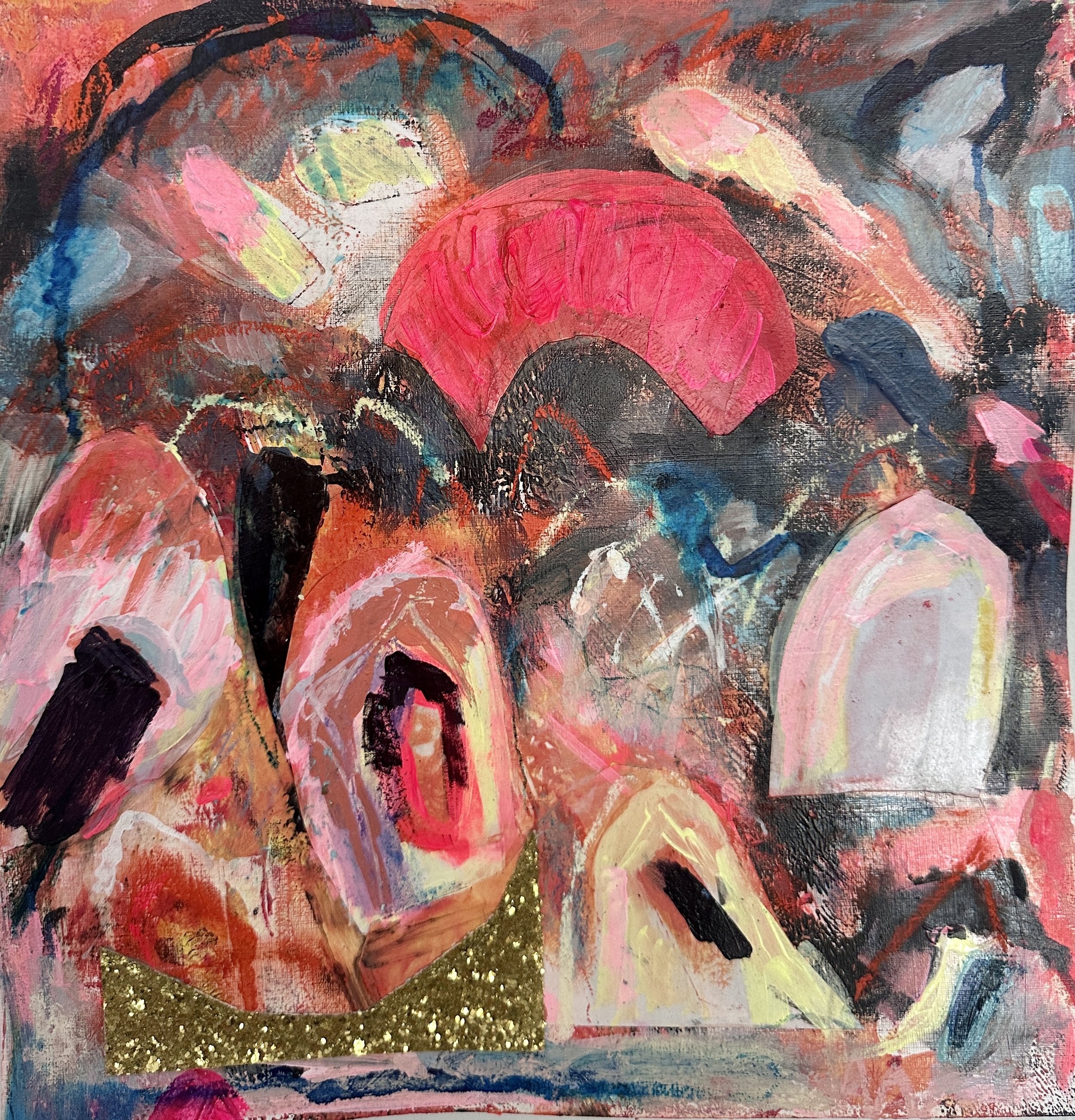 Fragmentation : Life out of Balance. Memories of The First Sun. Abstract painting featuring various shapes and colors, predominantly pink, red, black, and gold, with textured brushstrokes and layered elements.