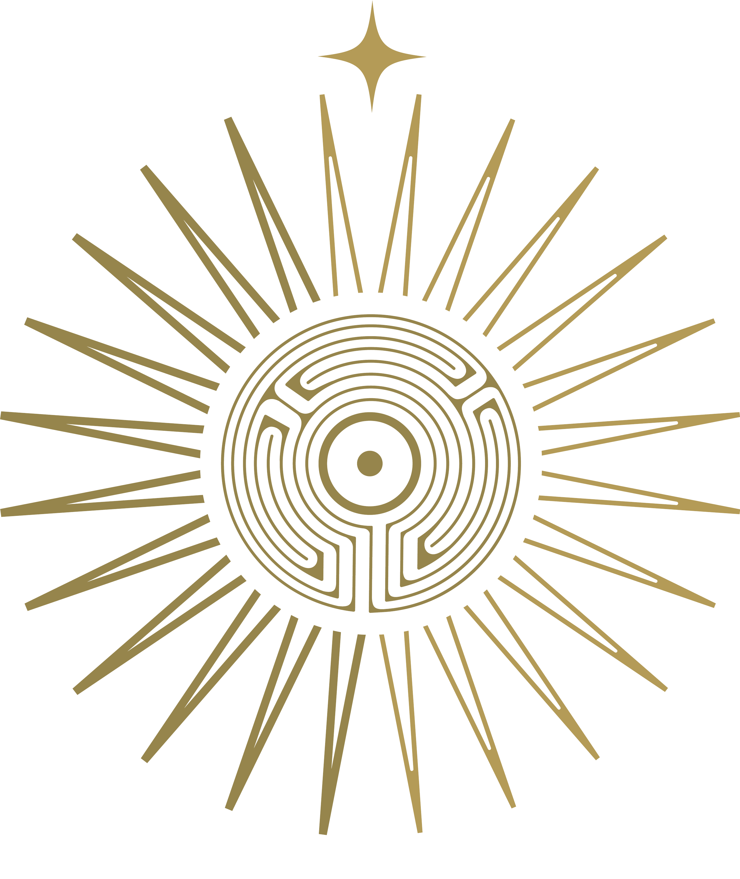 A black and gold design featuring a stylized sun with radiating rays and a labyrinth pattern at the center.