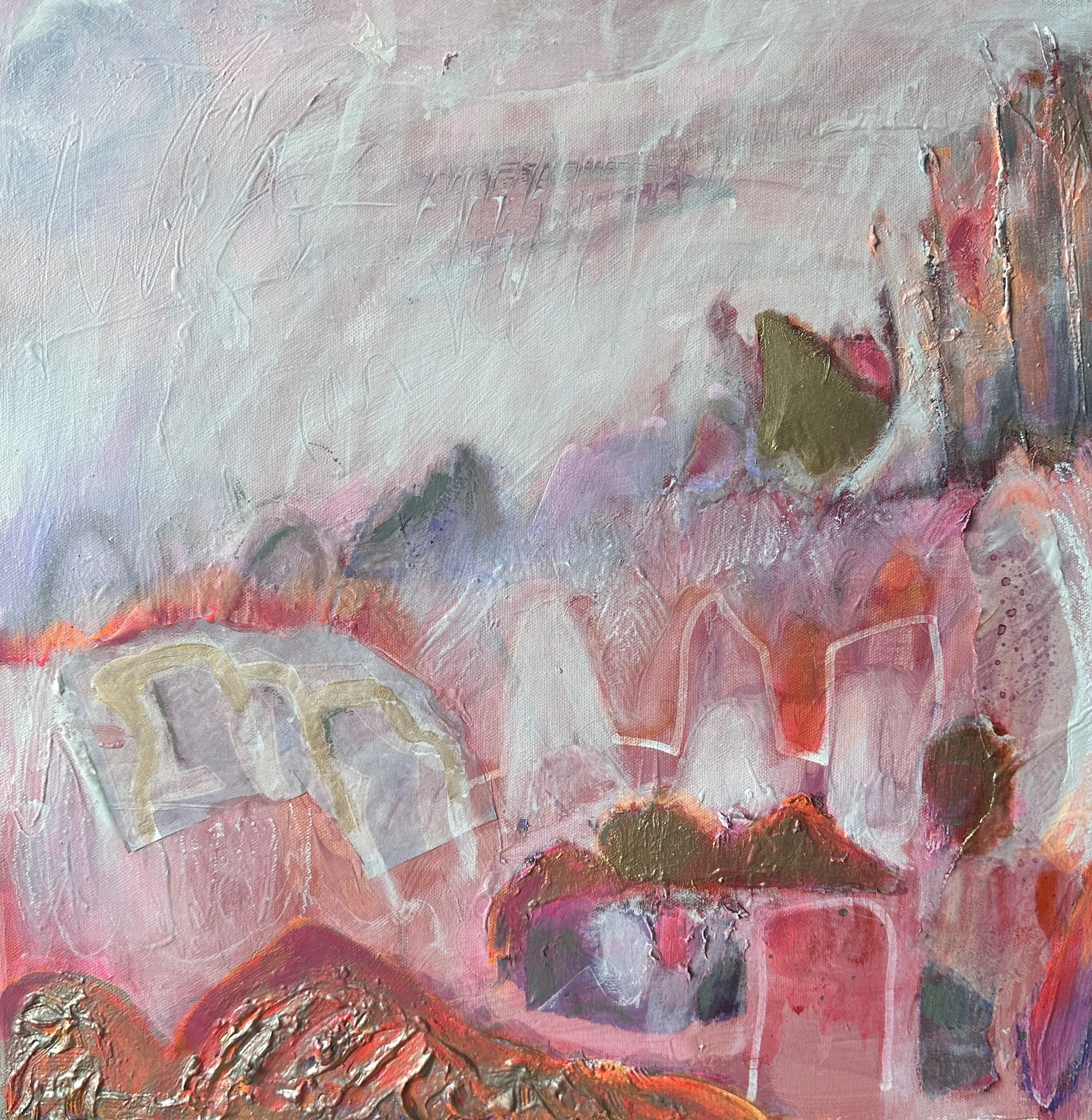 INTEGRATION: Remembering Wholeness:  The Thin Place. Abstract collage and painting with blended pastel pinks, purples, and hints of white, with rough textured areas and darker accents.
