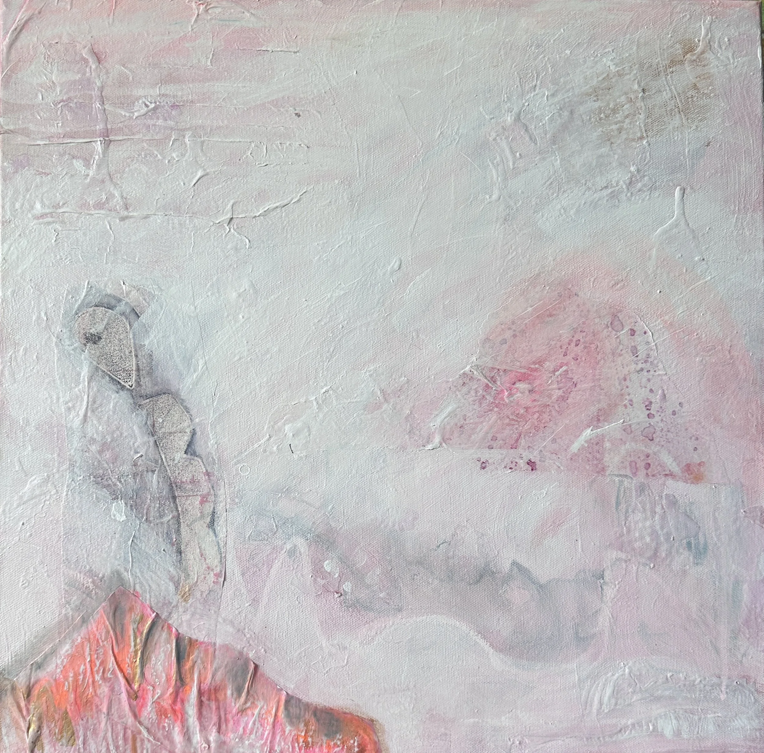 INTEGRATION: Remembering Wholeness, Letting Go. Abstract collage with soft pastel colors and textured surface, featuring faint facial features and a partially visible figure in the lower-left corner.