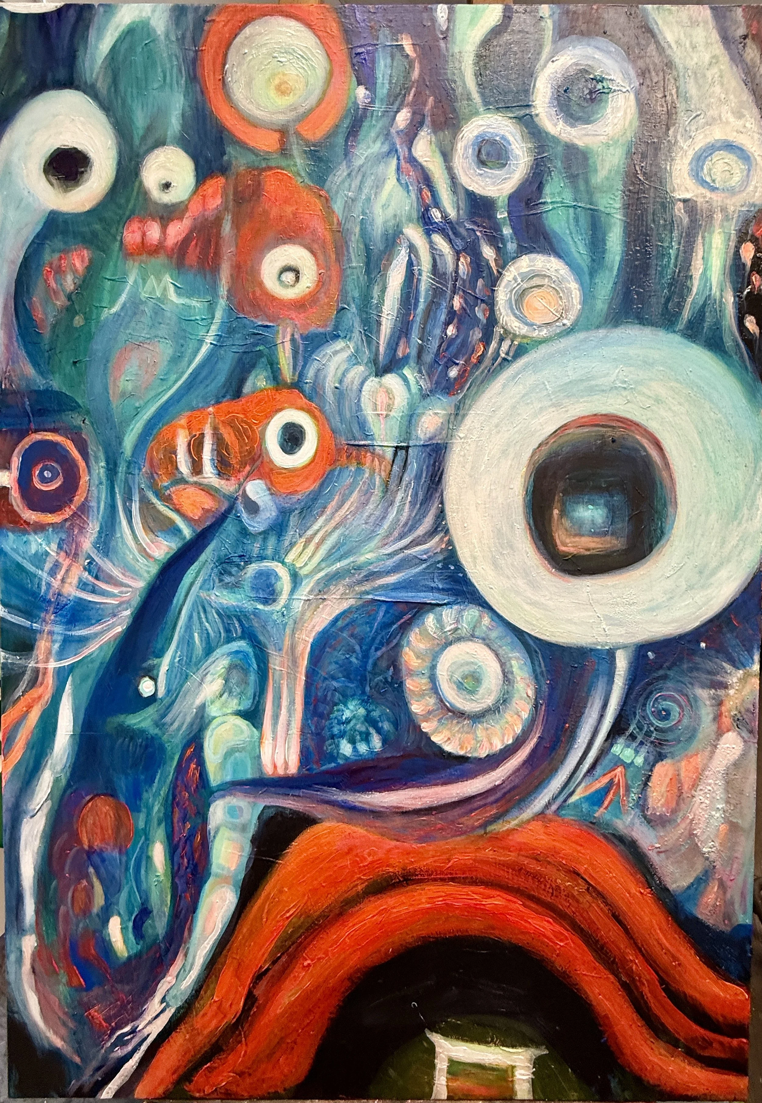 Abstract painting with vibrant colors, swirls, and circular shapes, featuring predominantly blue, white, and orange hues.