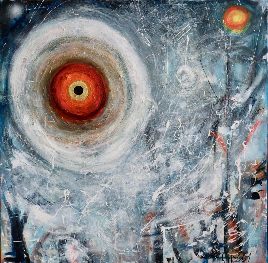 Expansion: Messages From The Deep. The Cailleach. Abstract painting based on the Celtic goddess  of Winter featuring two prominent circular shapes resembling celestial bodies, against a background of blue, white, and black strokes.