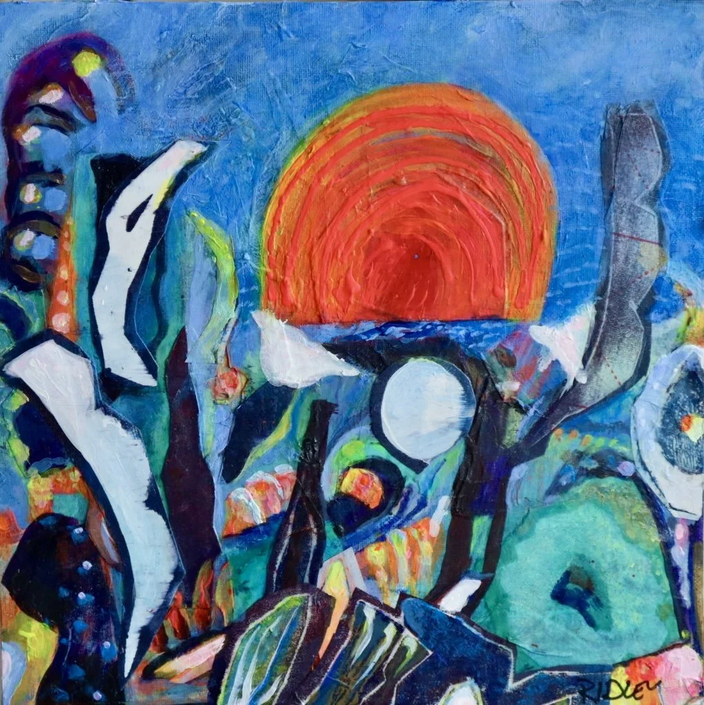 Expansion: Messages From The Deep. We've come a long way baby. Abstract painting with bright colors depicting a sunset over the ocean, with stylized plants and a figure reading a book.