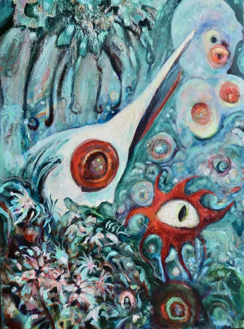 Fragmentation:  Life out of Balance:  The Silence of the Lams.surreal painting featuring an eye with a red-orange iris, a sea creature  and swirling patterns with multiple eyes, tentacles, and abstract shapes in shades of blue, green, red, and white.