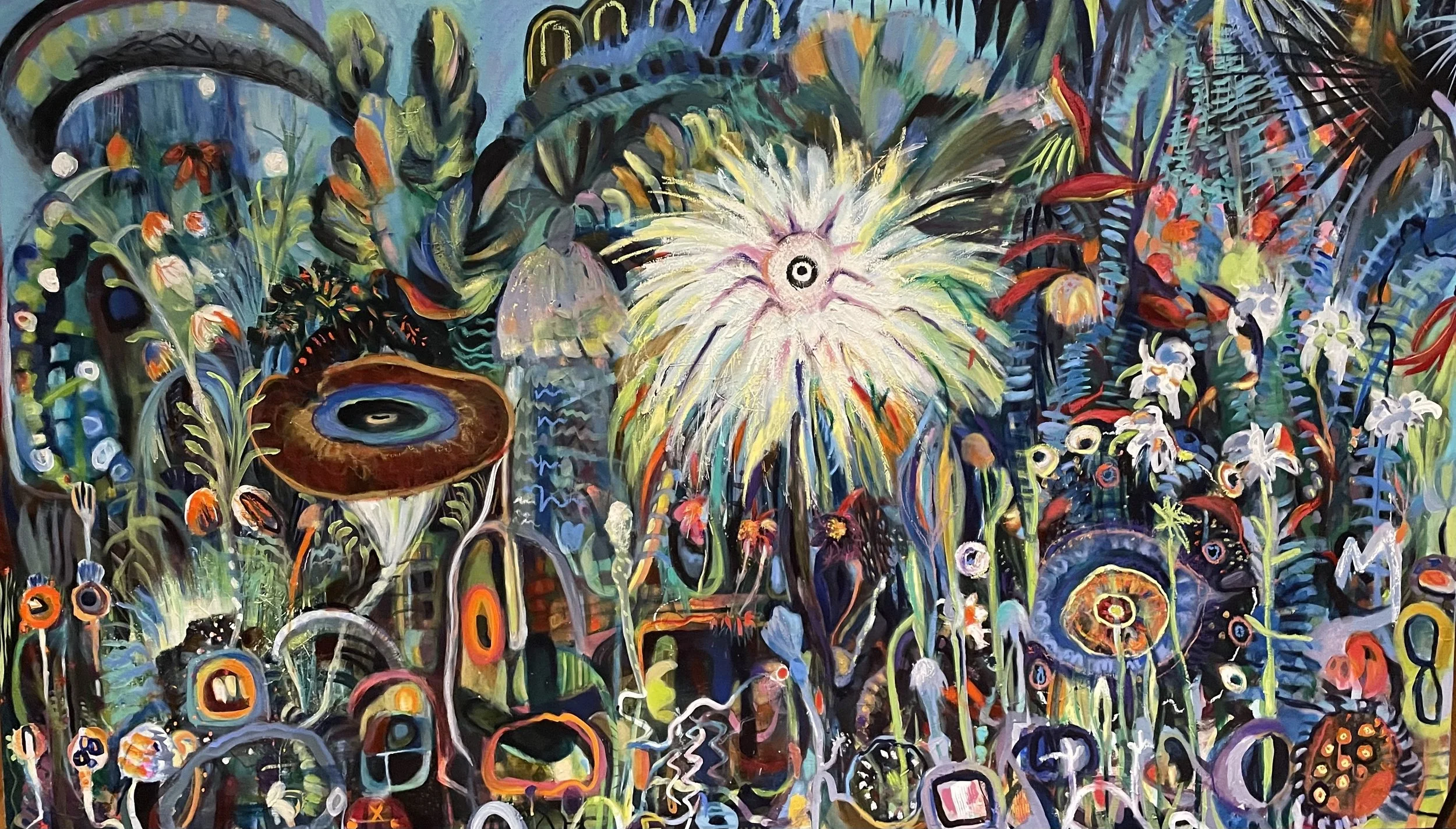Expansion: Messages From The Deep. Songs Of Experience - based on the myth of persephone  -   vibrant abstract painting of a abundant jungle scene w plants, flowers, and fantastical creatures, a central petroglyph