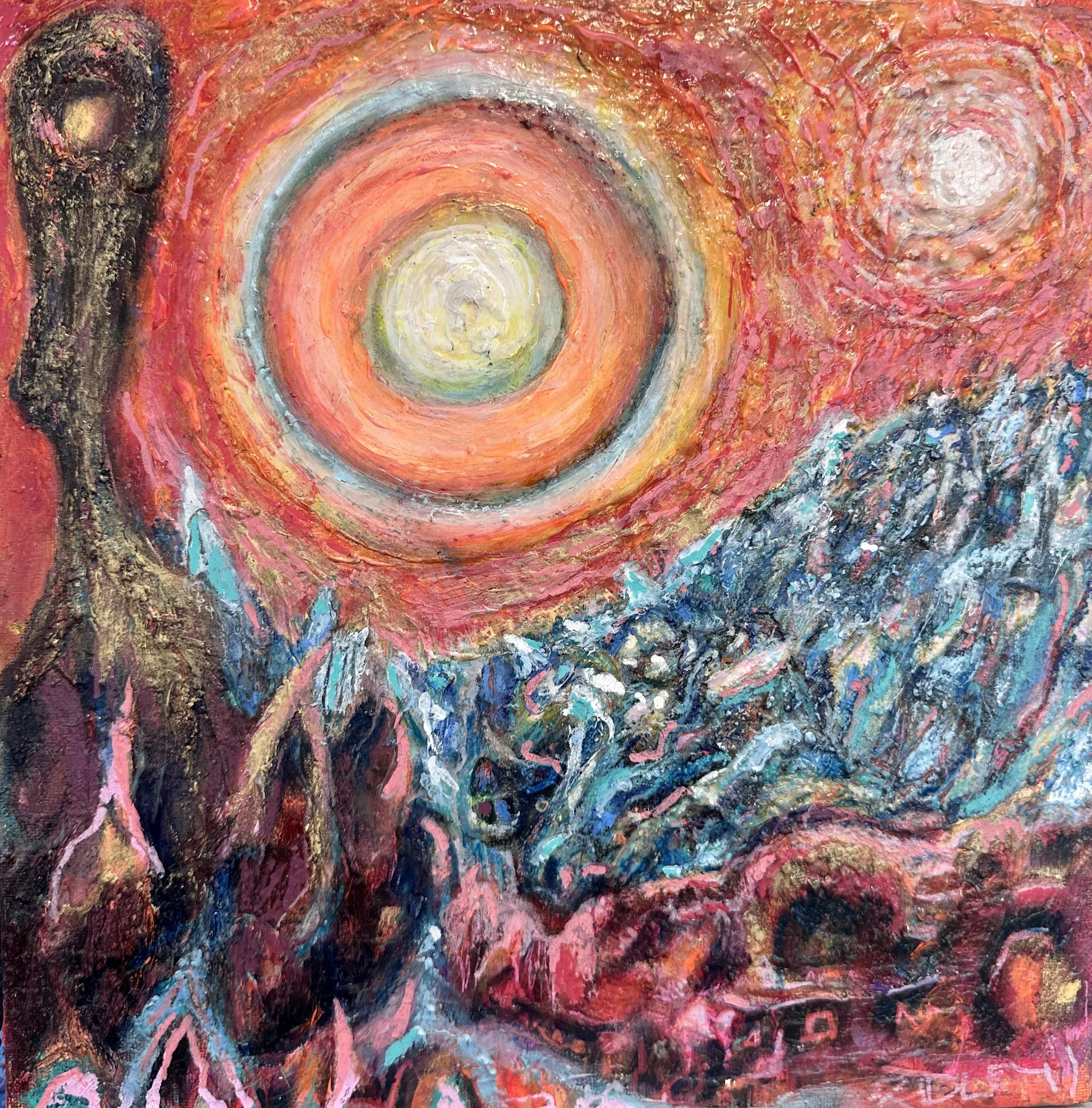 Abstract painting with swirling colors, depicting a large spiral or vortex in the center with shades of orange, pink, and yellow, and chaotic textures in dark and blue hues below.