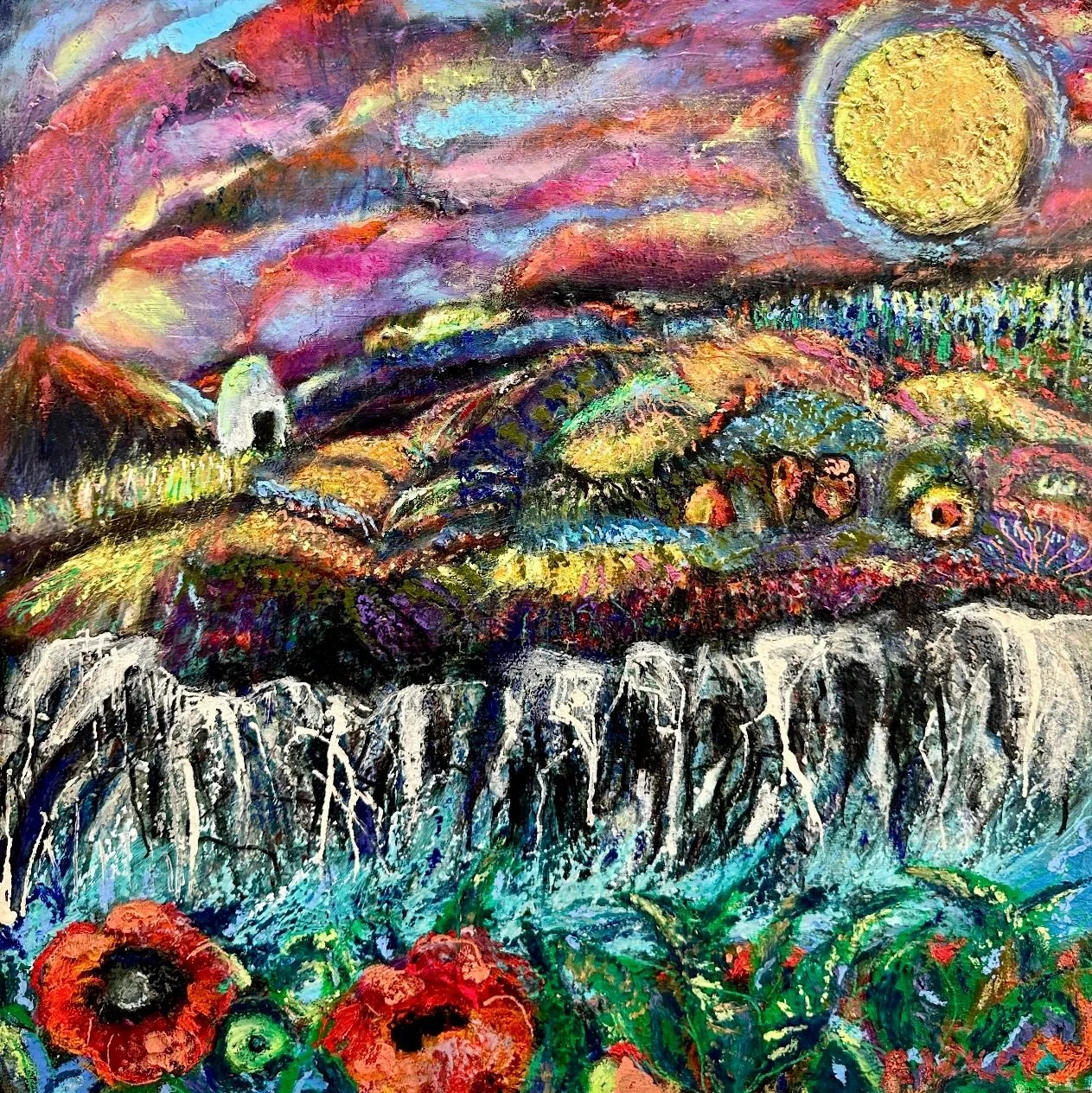 Fragmentation : Life out of Balance: Elysium DreamA vibrant painting of a landscape,  large glowing yellow sun or moon in the sky with pink and purple clouds. Rolling hills a waterfall flowing through the landscape, and red poppies in the foreground.