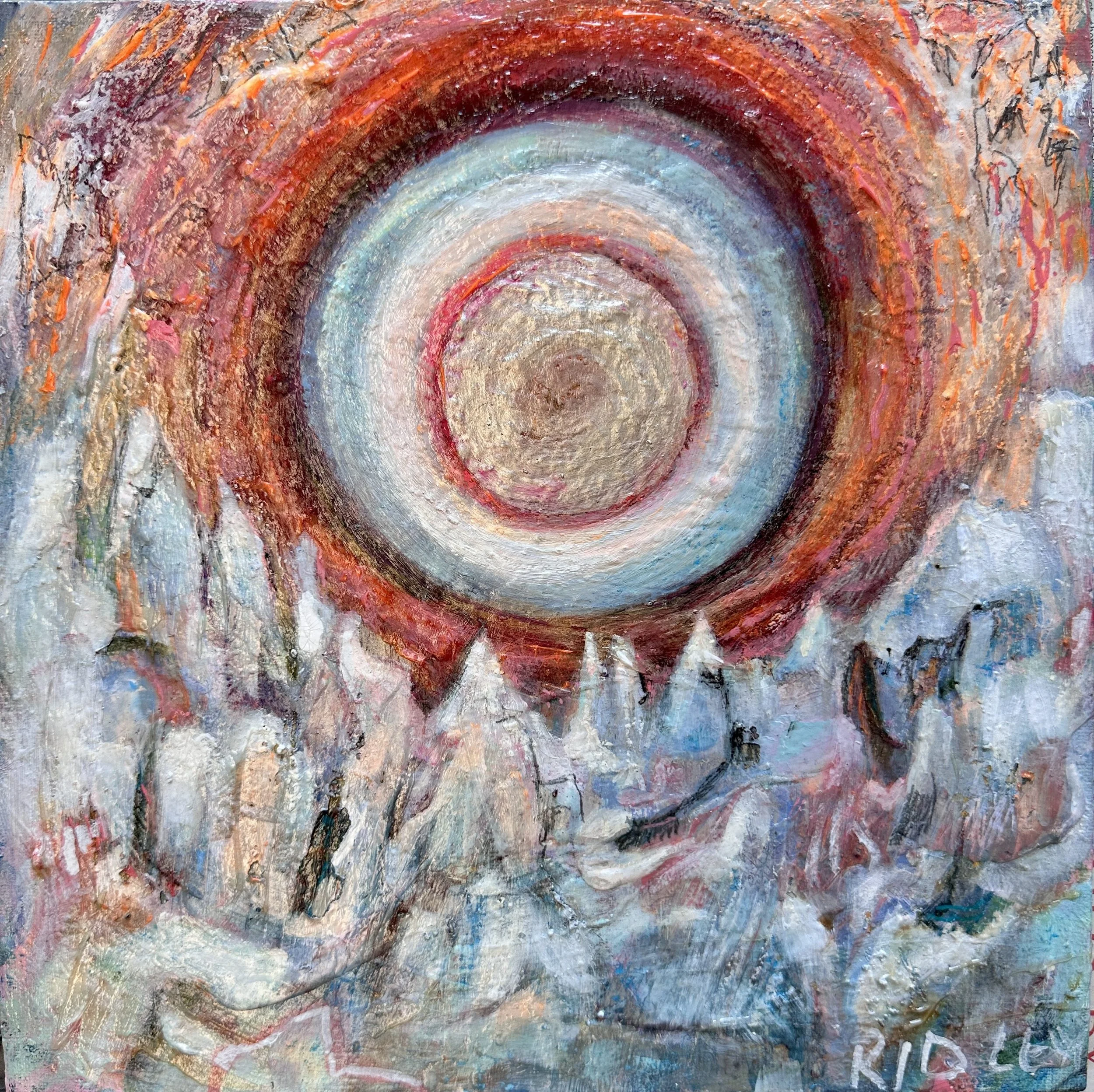INTEGRATION: Remembering Wholeness: THERE ON THE MOUNTAIN A FISH LIES DYING. Abstract painting featuring concentric circles in shades of red, blue, beige, and white, with textured brushstrokes and layered colors.