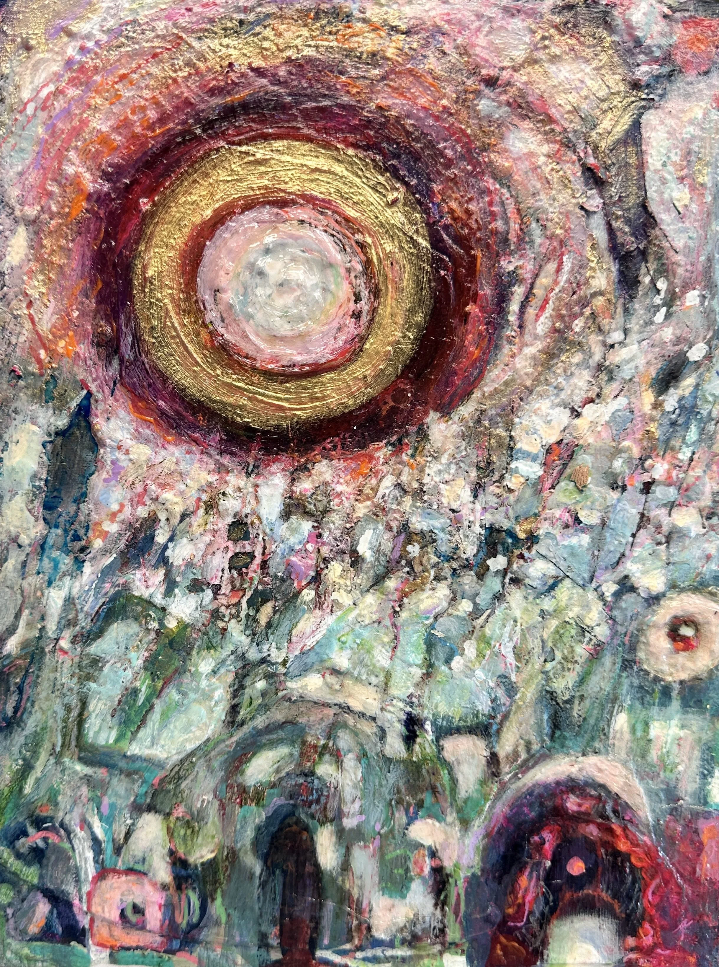 INTEGRATION: Remembering Wholeness, I Absorbed You.  Abstract painting based on epigenetics and ancestral learning with a large central circular shape surrounded by textured, muted llayers in pink, gold, and purple,
