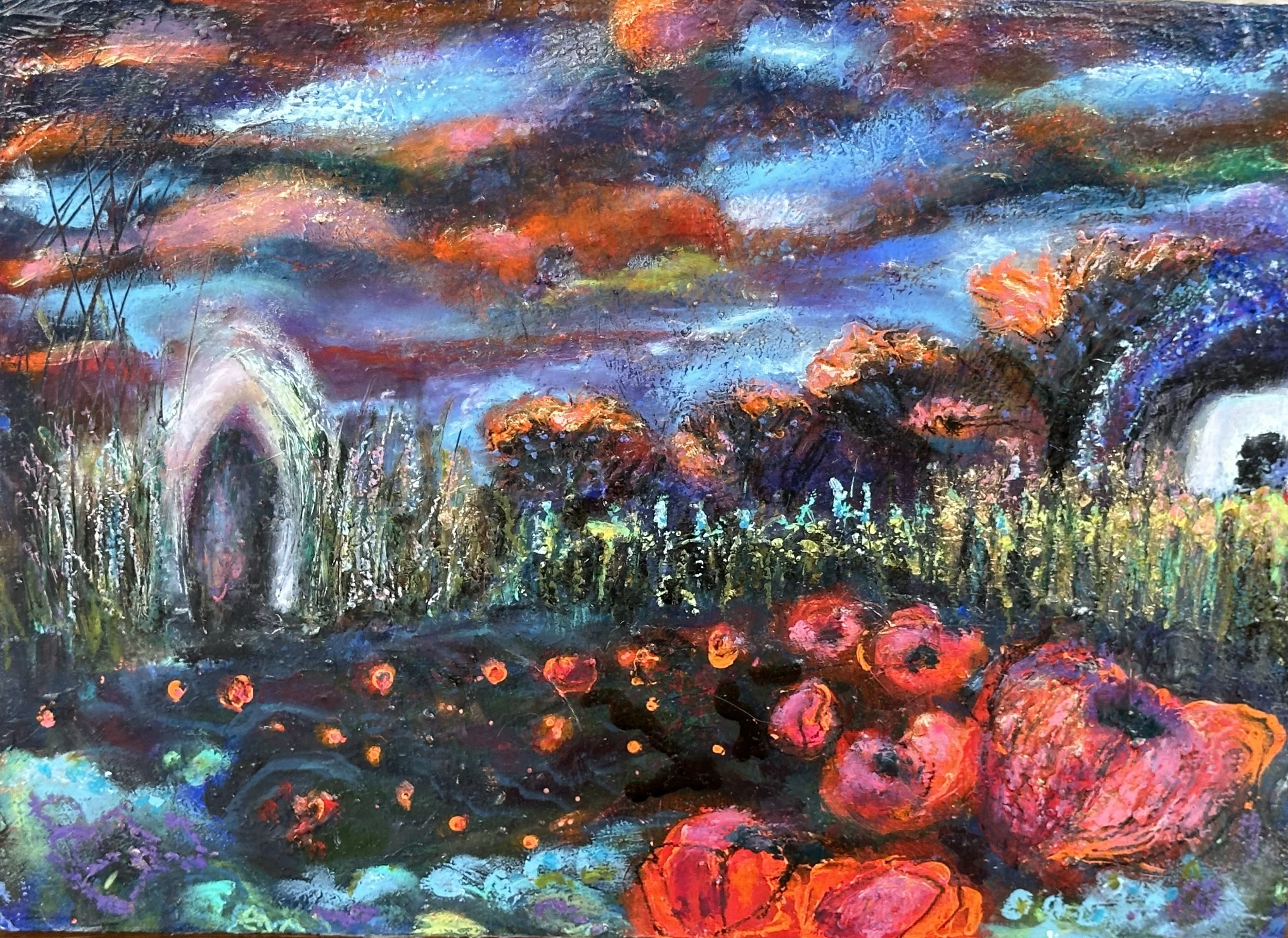 Expansion: Messages From The Deep. Amazing Grace.abstract landscape painting featuring a dark, vibrant sky with shades of blue, orange, and pink,  trees with reddish-orange leaves, a garden with pink flowers, and a pathway leading into a dark tunnel.