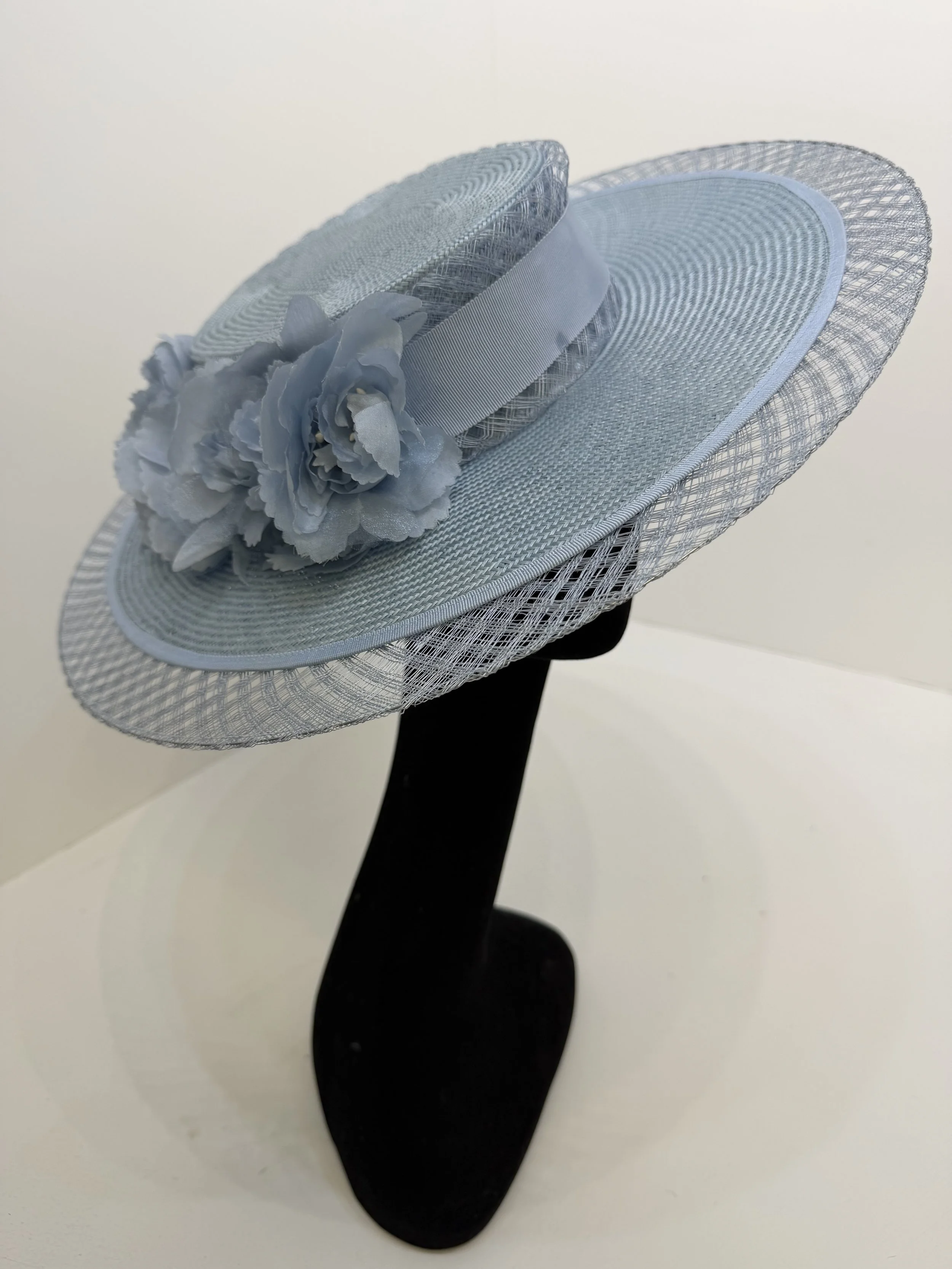 Pale Blue Parisisal Straw Boater with Silk Flower Trim