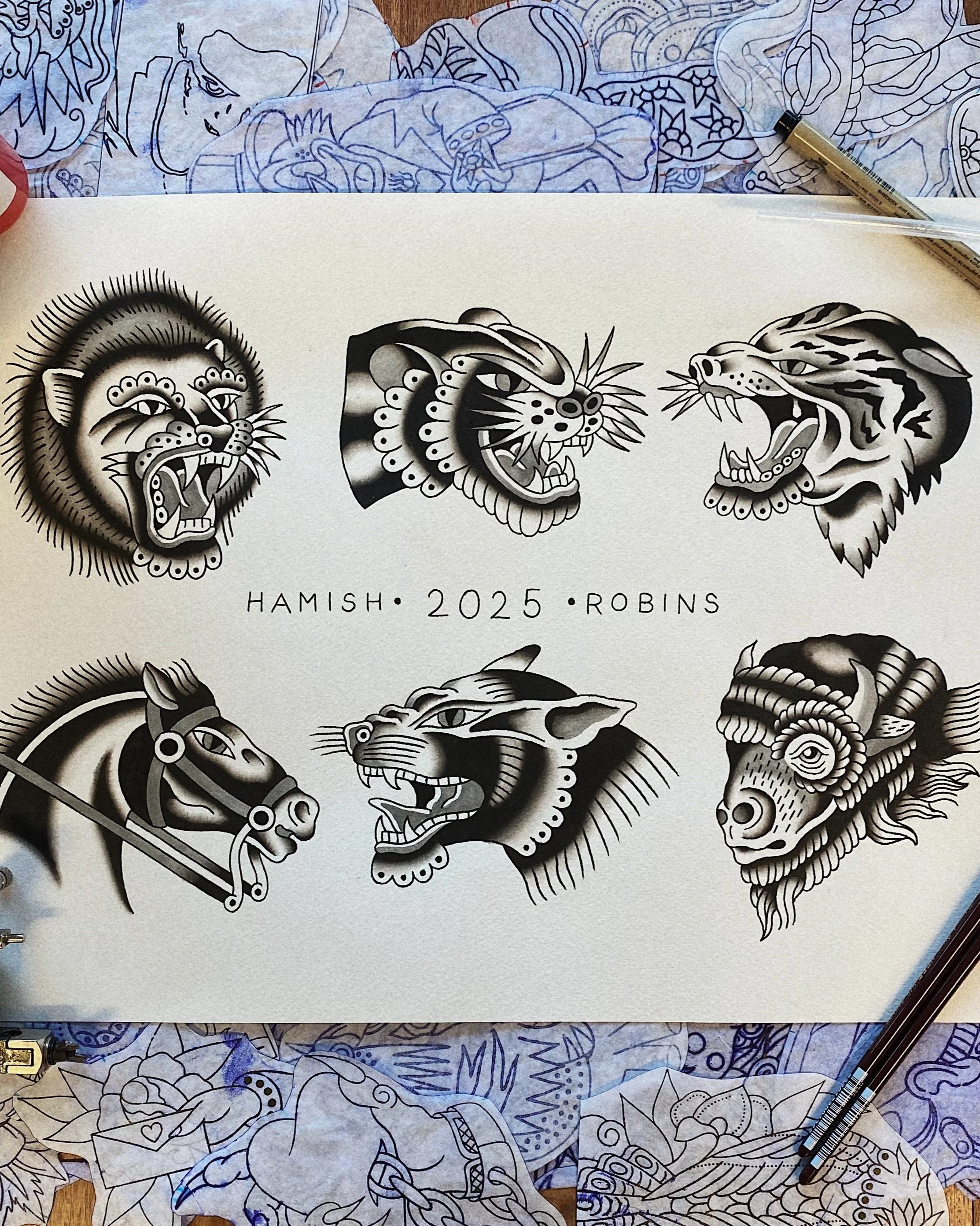 Hamish Robins American Traditional Tattoo Flash Lion Panther Big Cat Horse Bison West End Brisbane Queensland