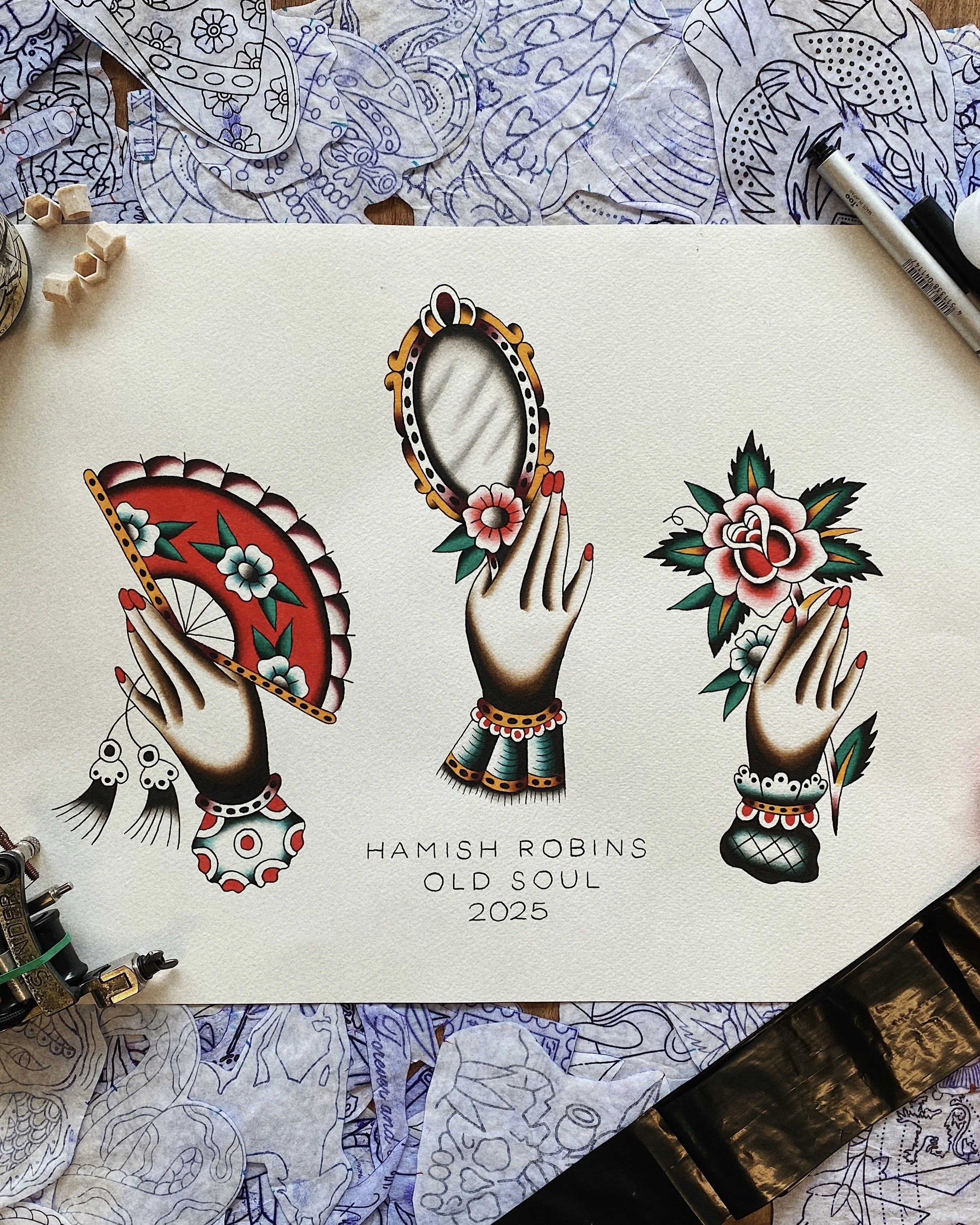Hamish Robins American Traditional Tattoo Flash Hands Japanese Fan Mirror Rose West End Brisbane Queensland