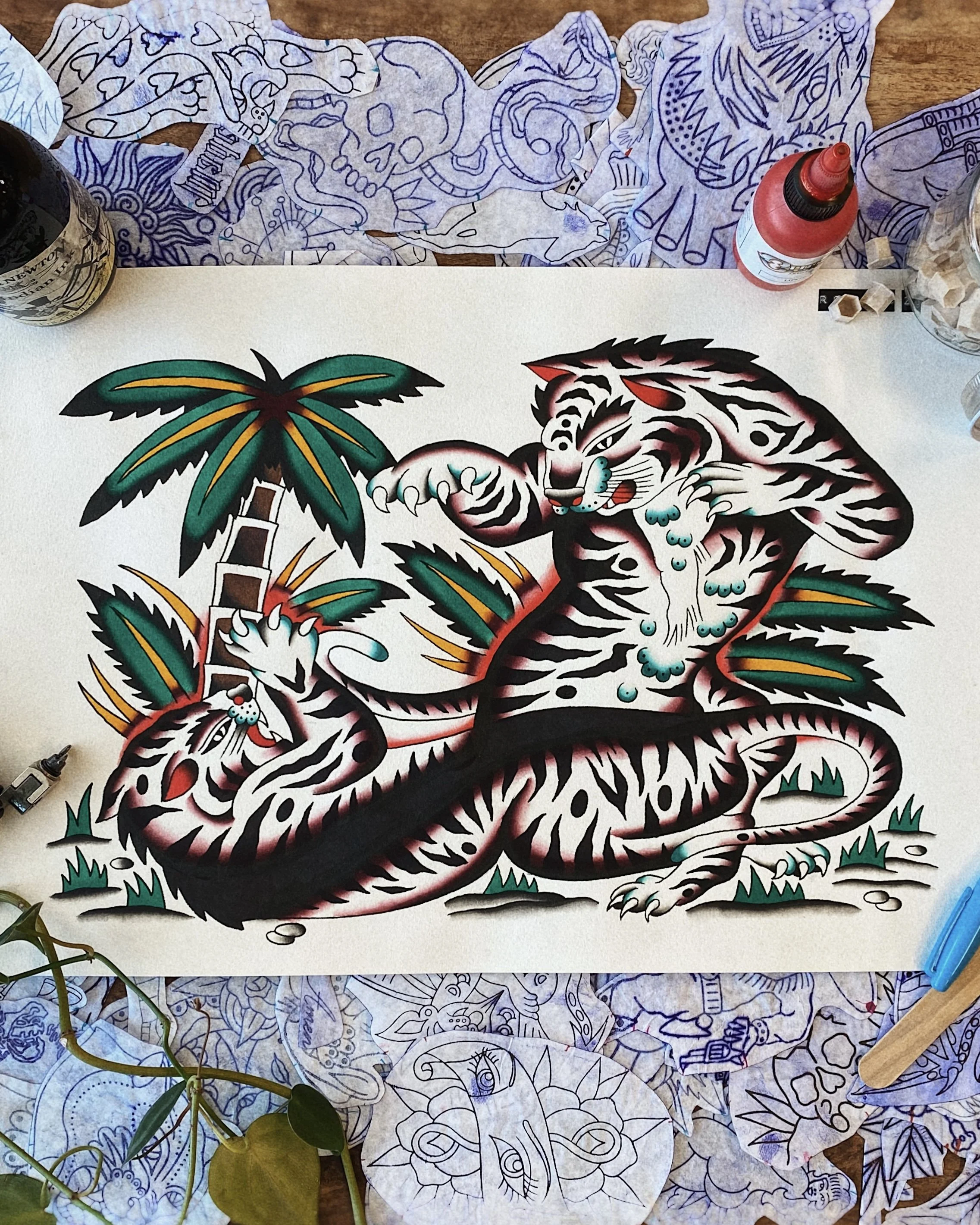 Hamish Robins American Traditional Tattoo Flash Tigers BattlingFighting West End Brisbane Queensland