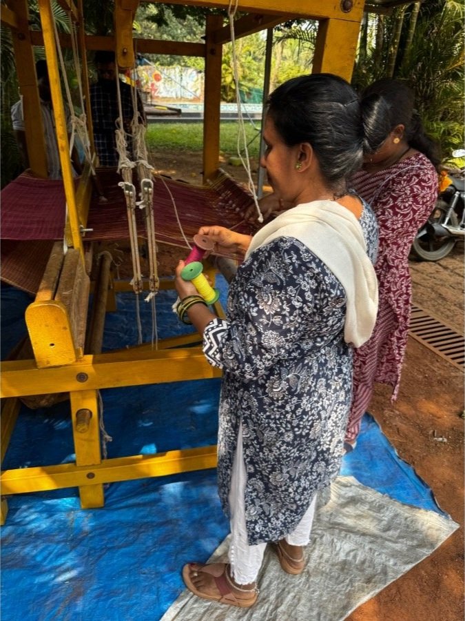 Traditional Kunbi handloom set up at The Art Farm, Goa - local weavers teaching sustainable textile practices in India.