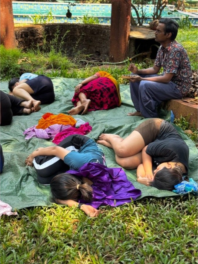 Guests exploring physical storytelling through group movement at The Art Farm, Goa - improvisation and creative freedom in India