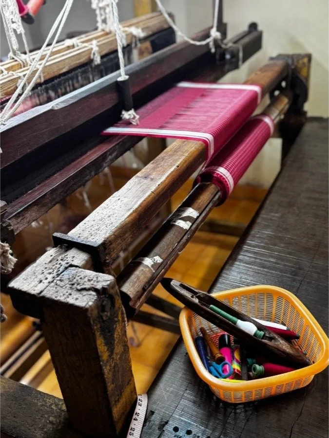 Wooden loom used by Kunbi artisans during a community weaving workshop at The Art Farm, Goa - preserving indigenous craft in India.