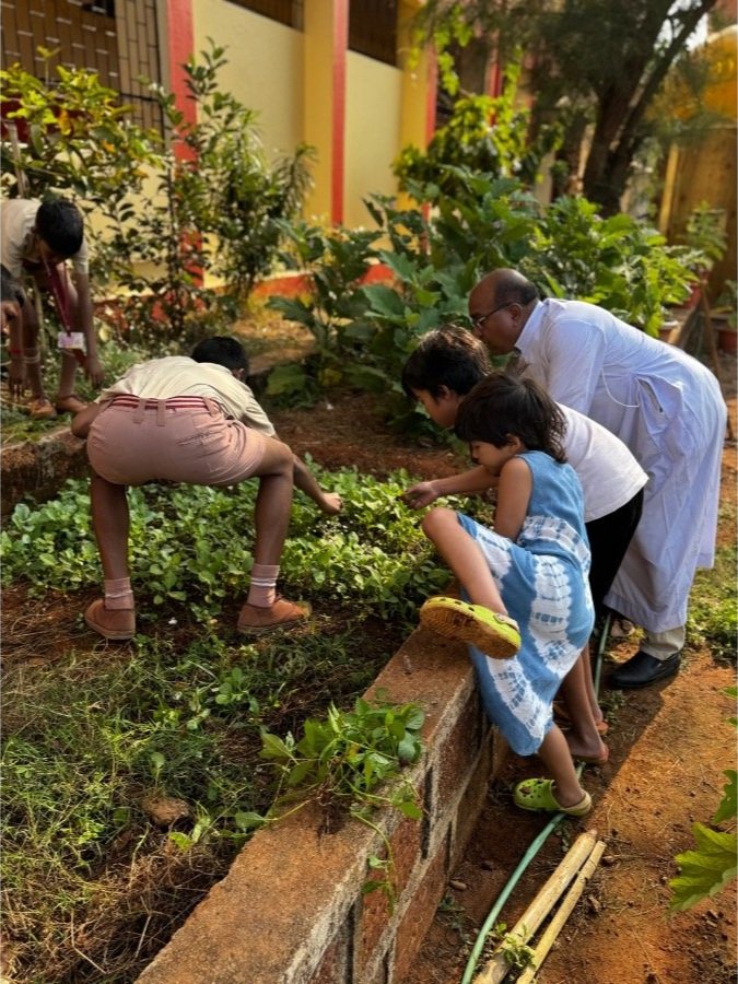 School children learning organic gardening with The Art Farm, Goa. Kids planting vegetable seedlings along with the head master, as part of a community farming education program in India