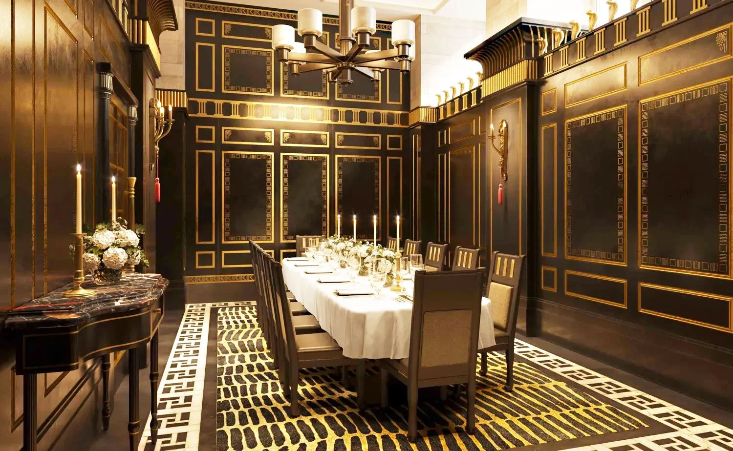 Gold leafed cobras on top of panneling.