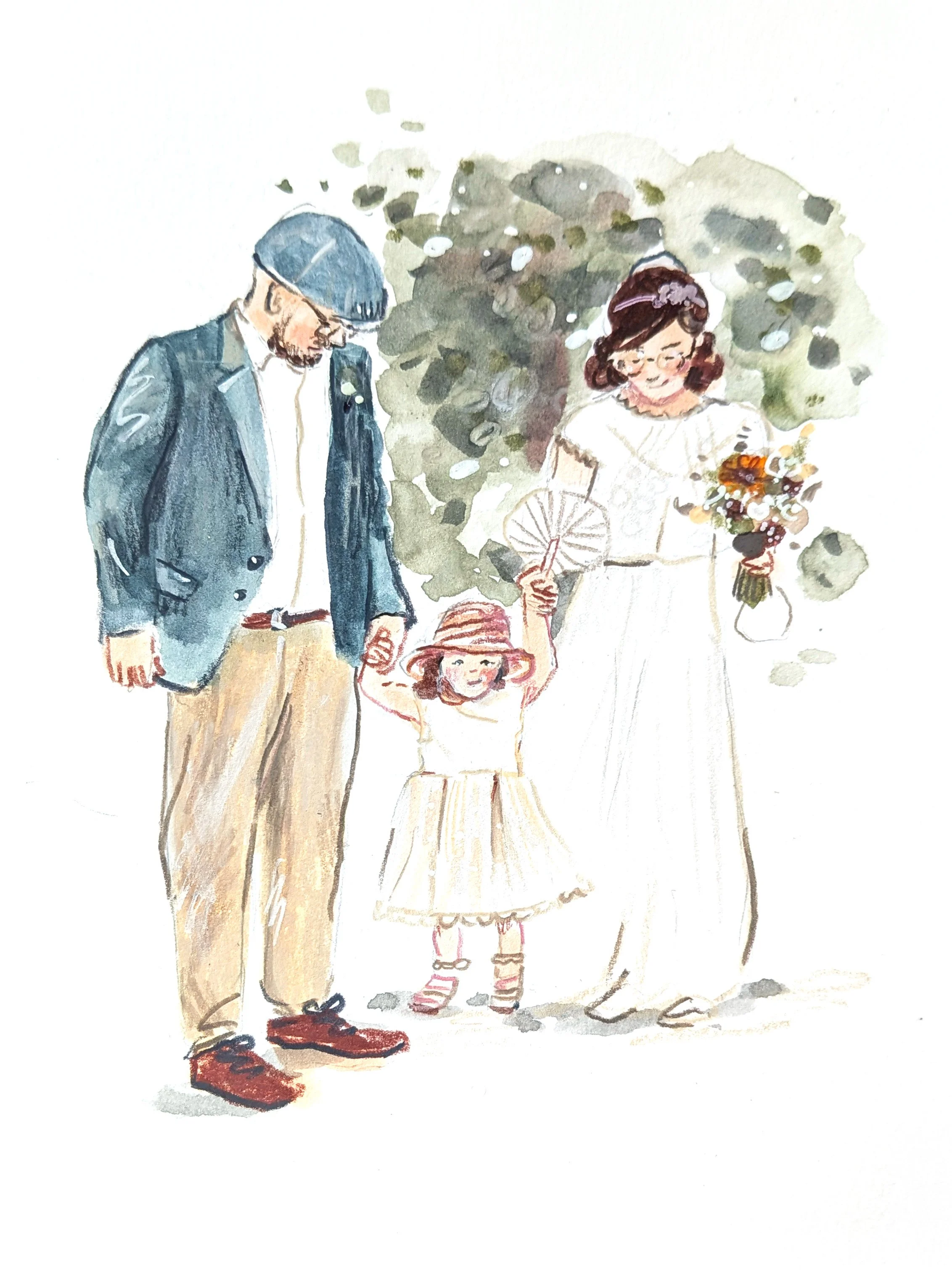 A watercolor illustration of a family with a man, woman, and young girl in a sunny outdoor setting with trees in the background. The man wears glasses, a gray beanie, a dark jacket, and tan pants. The woman has glasses, brown hair, and is holding a bouquet of flowers. The girl has curly hair, a wide-brimmed hat, a cream dress, and striped socks.