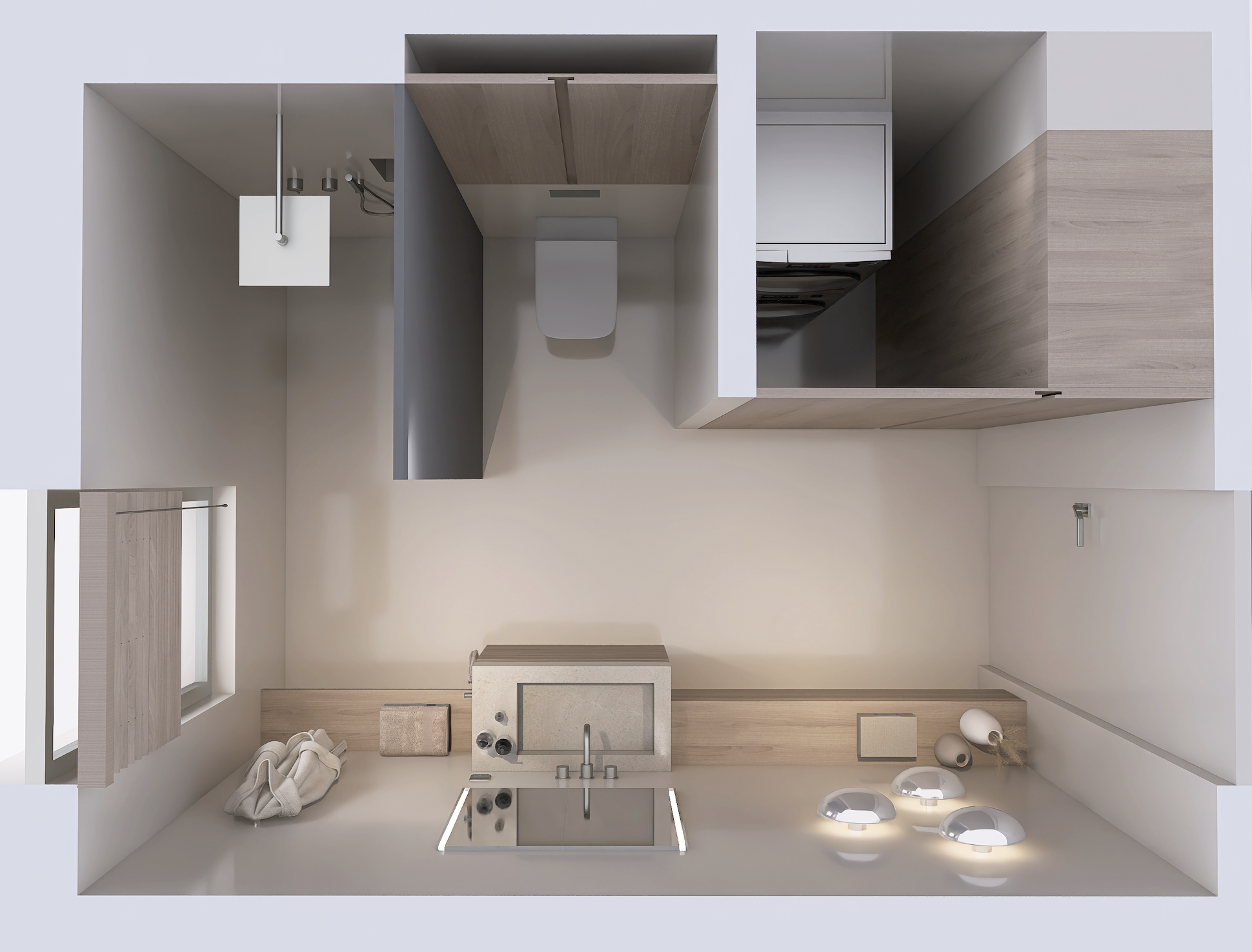 Innenraum einer kleinen, modernen Wohnung mit Küche, Toilette und Fenster