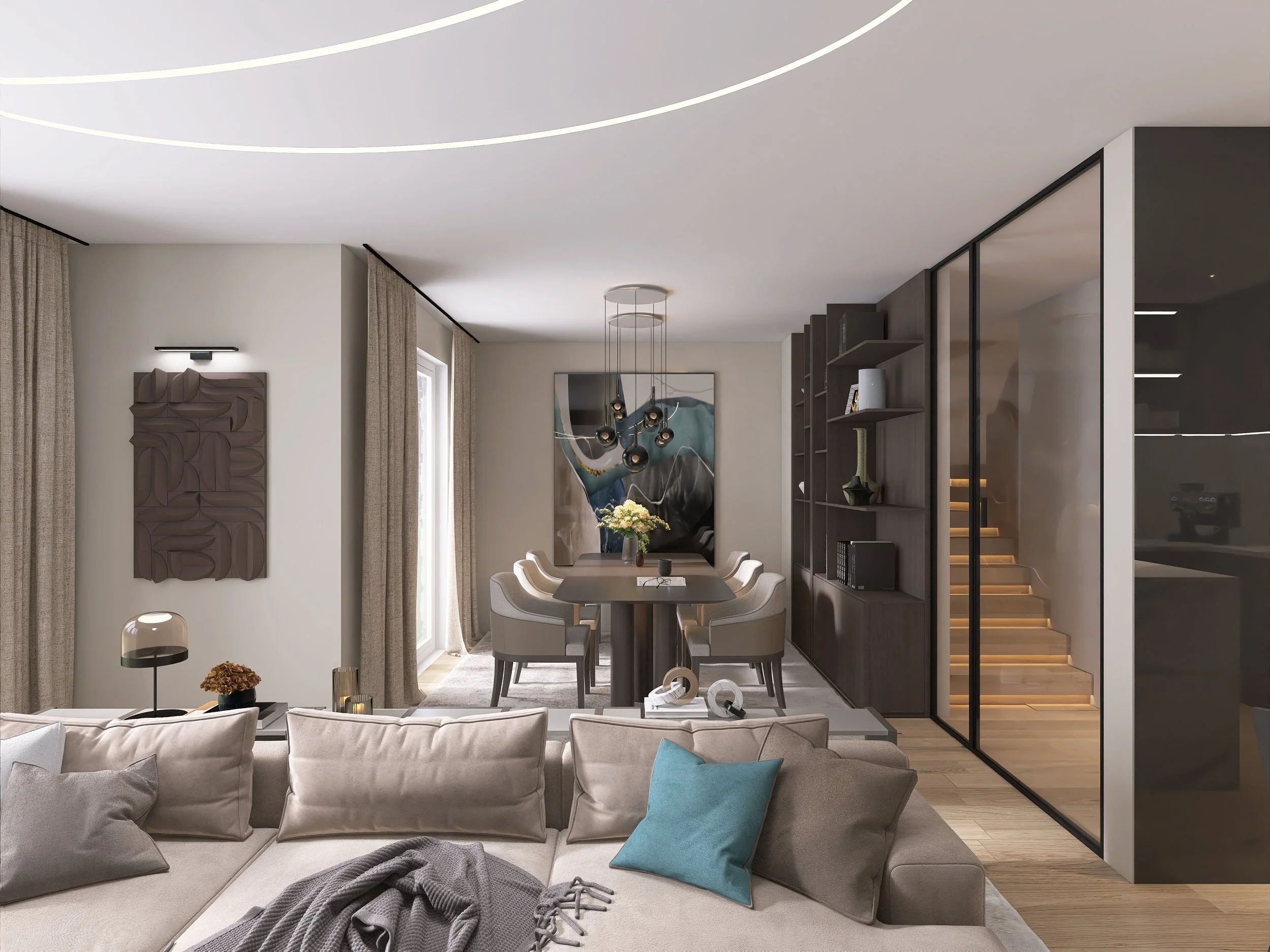 Modernes Wohnzimmer mit offener Esstafel, beigem Sofa mit Kissen, dunkler Bücherwand und beleuchteter Treppe.