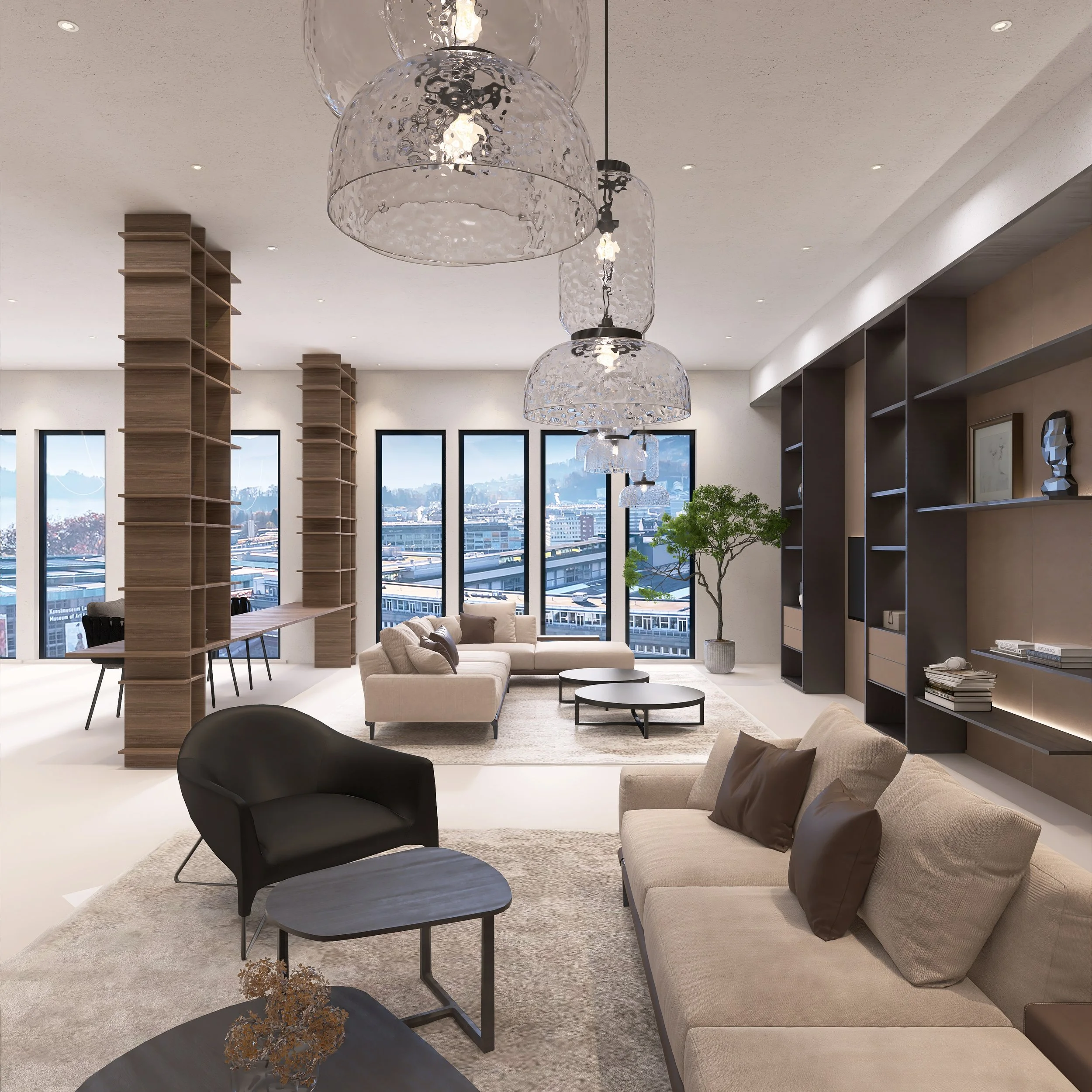 Moderne, helle Wohnzimmer mit großen Fenstern, bequemen Sofas, Kaffeetischen, dunklen Wandregalen, großen Glasschalen-Hängelampen, einem Teppich und einem Baum in einem Topf.