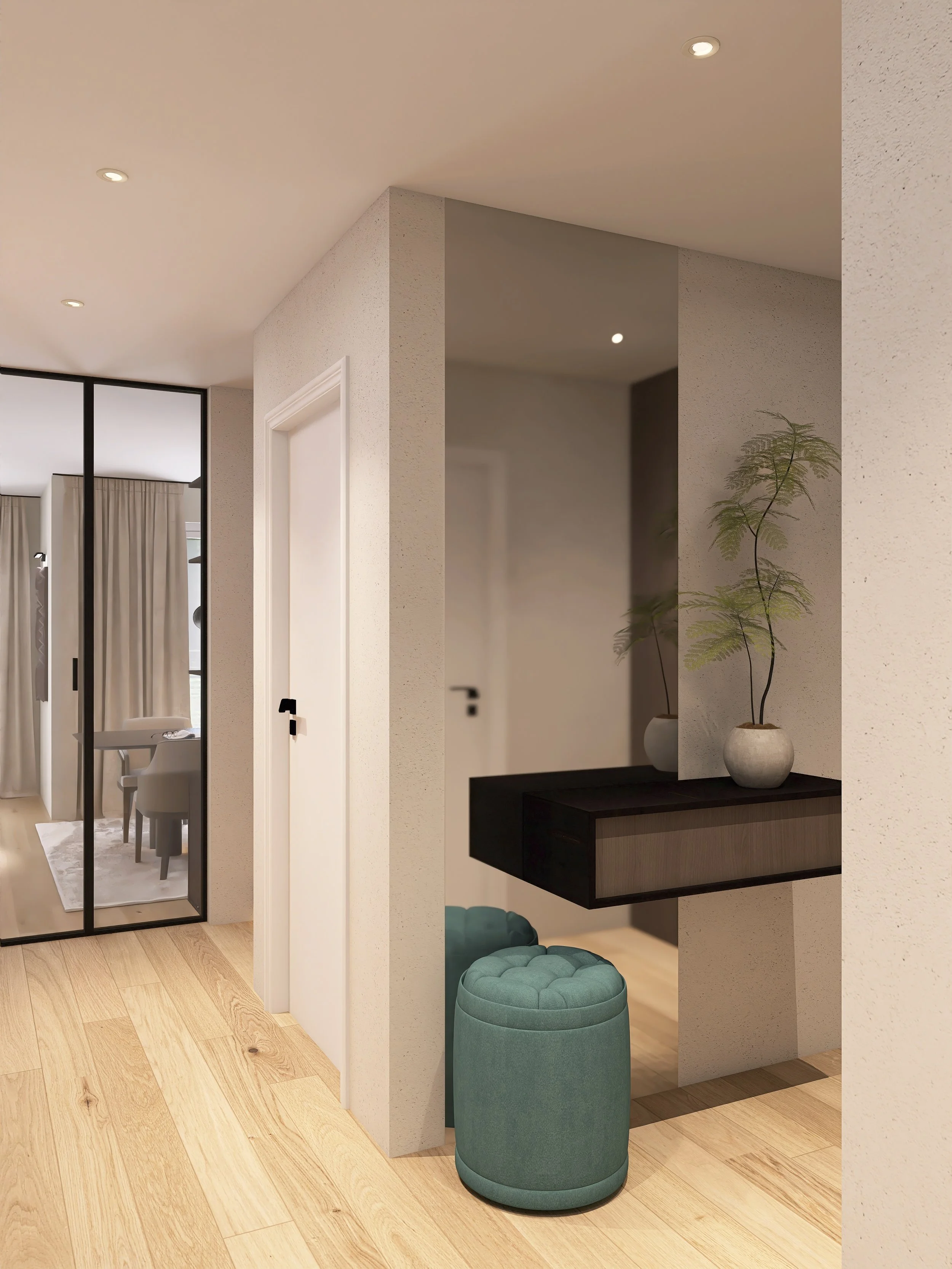 Moderne Wohnung mit Holzfußboden, weißen Wänden und minimalistischem Dekor, inklusive einer Türklinke und einer kleinen Sitztruhe.