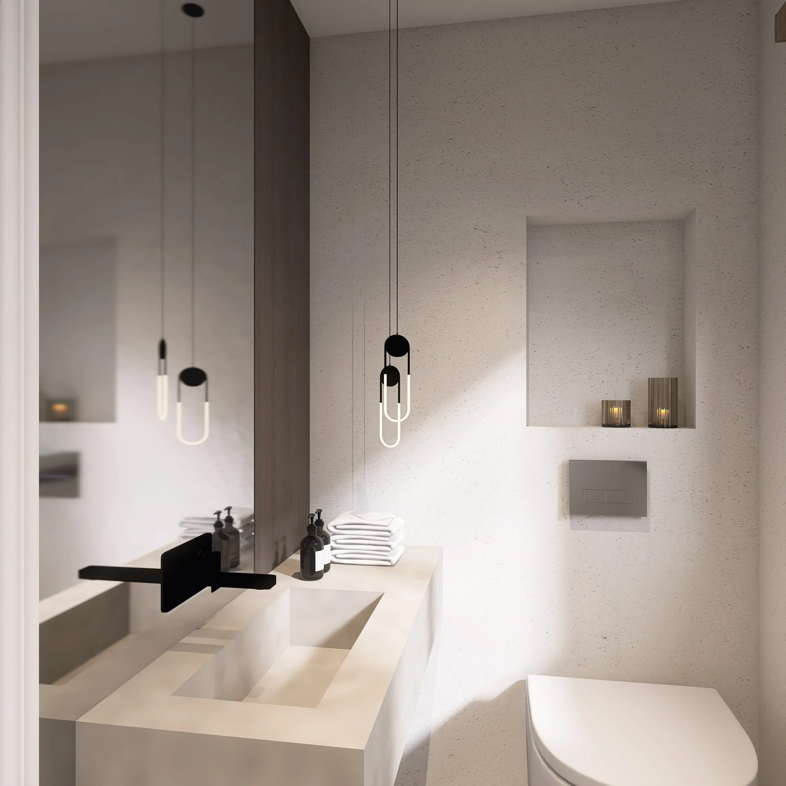 Moderner, minimalistischer Waschraum mit weißen Oberflächen, schwarzem Wasserhahn, gestapelten weißen Handtüchern, drei schwarzen dekorativen Leuchten und einem modernen Toiletten-Design.