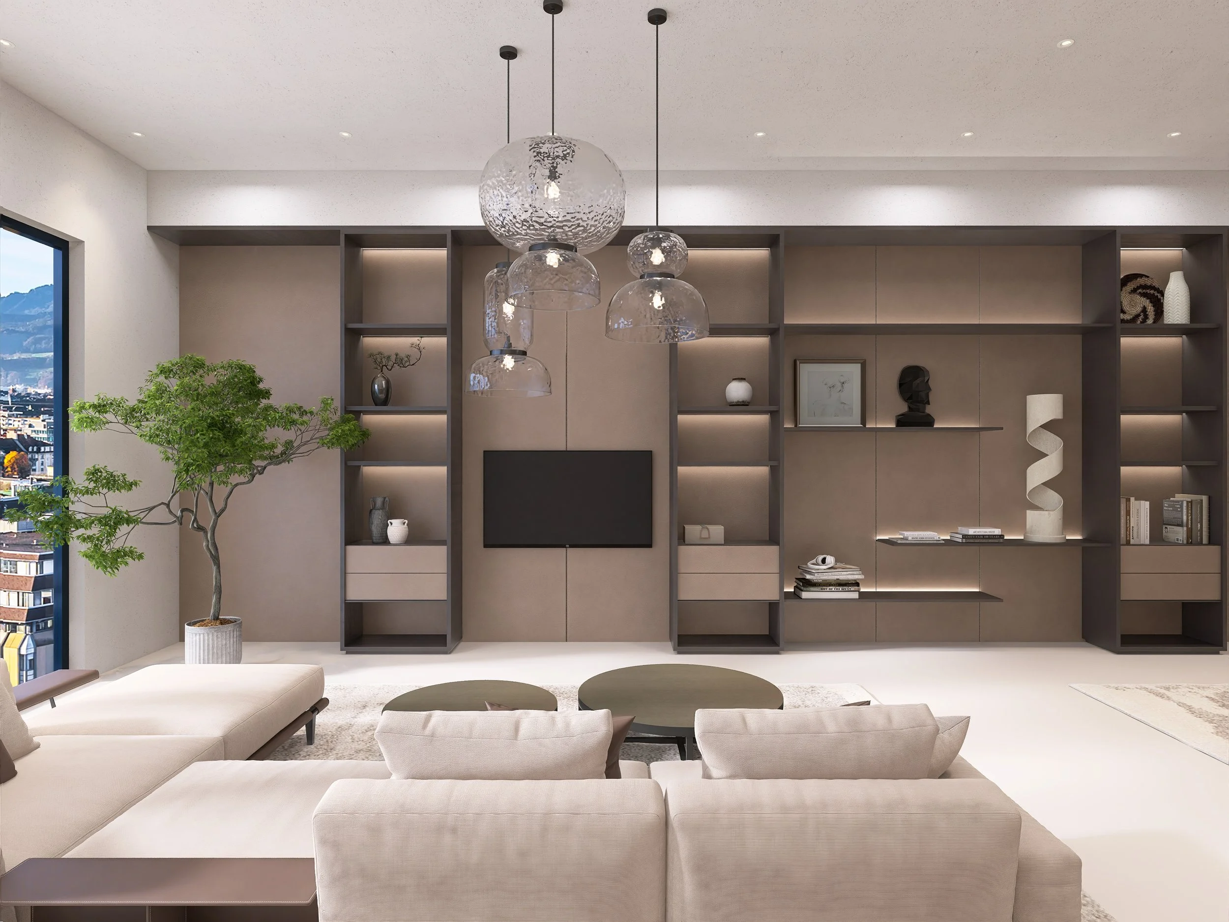 Moderner Wohnraum mit beige Couch, runden Tischen und einer großen Wandregalwand mit Dekorationsgegenständen, Fernseher und Zimmerpflanze auf der linken Seite.