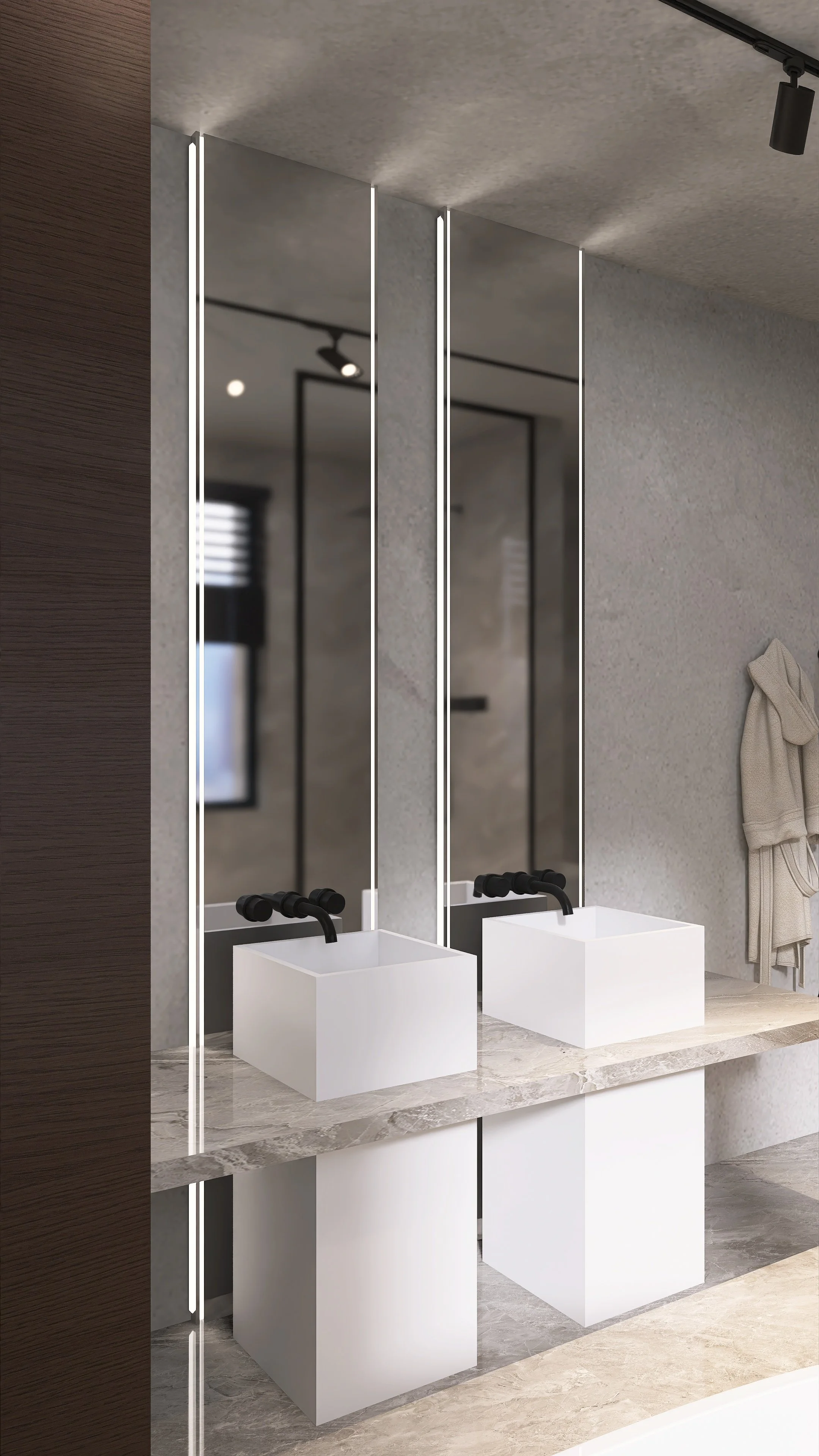 Moderner Doppelwaschtisch mit weißen Waschbecken, schwarzen Wasserhähnen und großen Spiegeln in einem Badezimmer mit grauer Wand und Marmor-Arbeitsplatte.