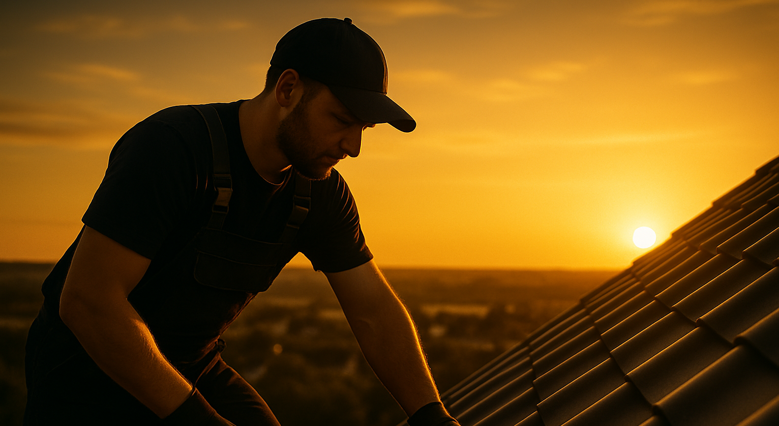 Dachdecker von Topic Dächer bei der Arbeit auf einem Ziegeldach im Abendlicht