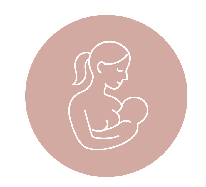 Icône minimaliste d'une mère allaitant son bébé, dans un cercle rose clair.