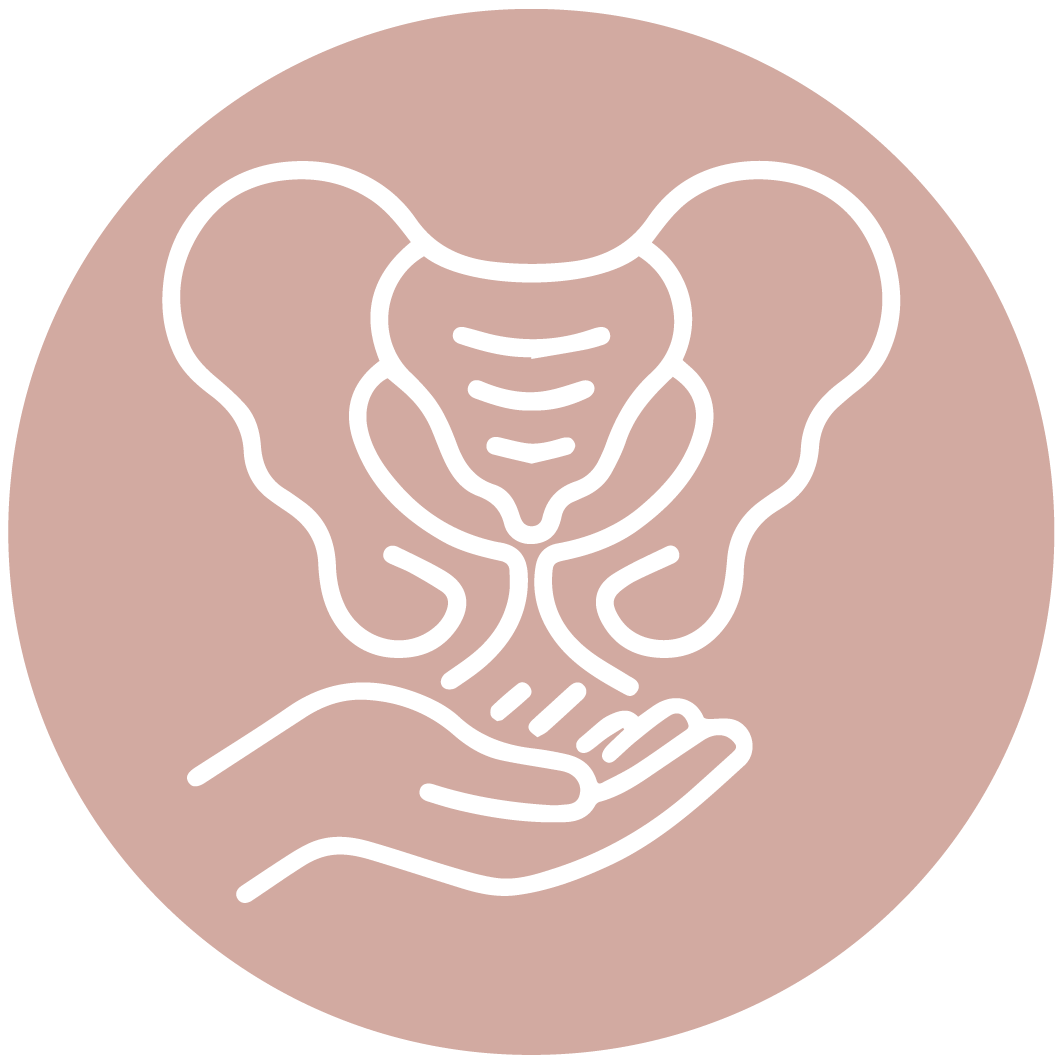 Icône d'une main tenant un bassin urinaire, représentée en ligne blanche sur un fond rose