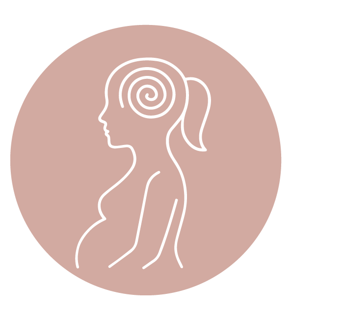 Silhouette d'une femme enceinte avec un motif en spirale dans la tête, sur fond rose clair.