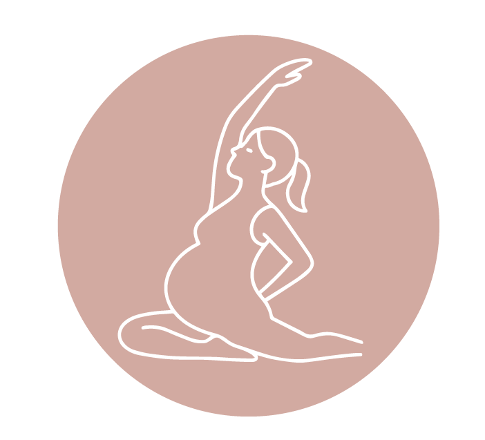 Illustration minimaliste d'une femme enceinte en position de yoga, avec un fond beige