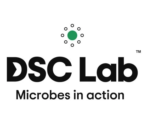 Logo for DSC Lab with a green circle surrounded by smaller circles and the text "Microbes in action".