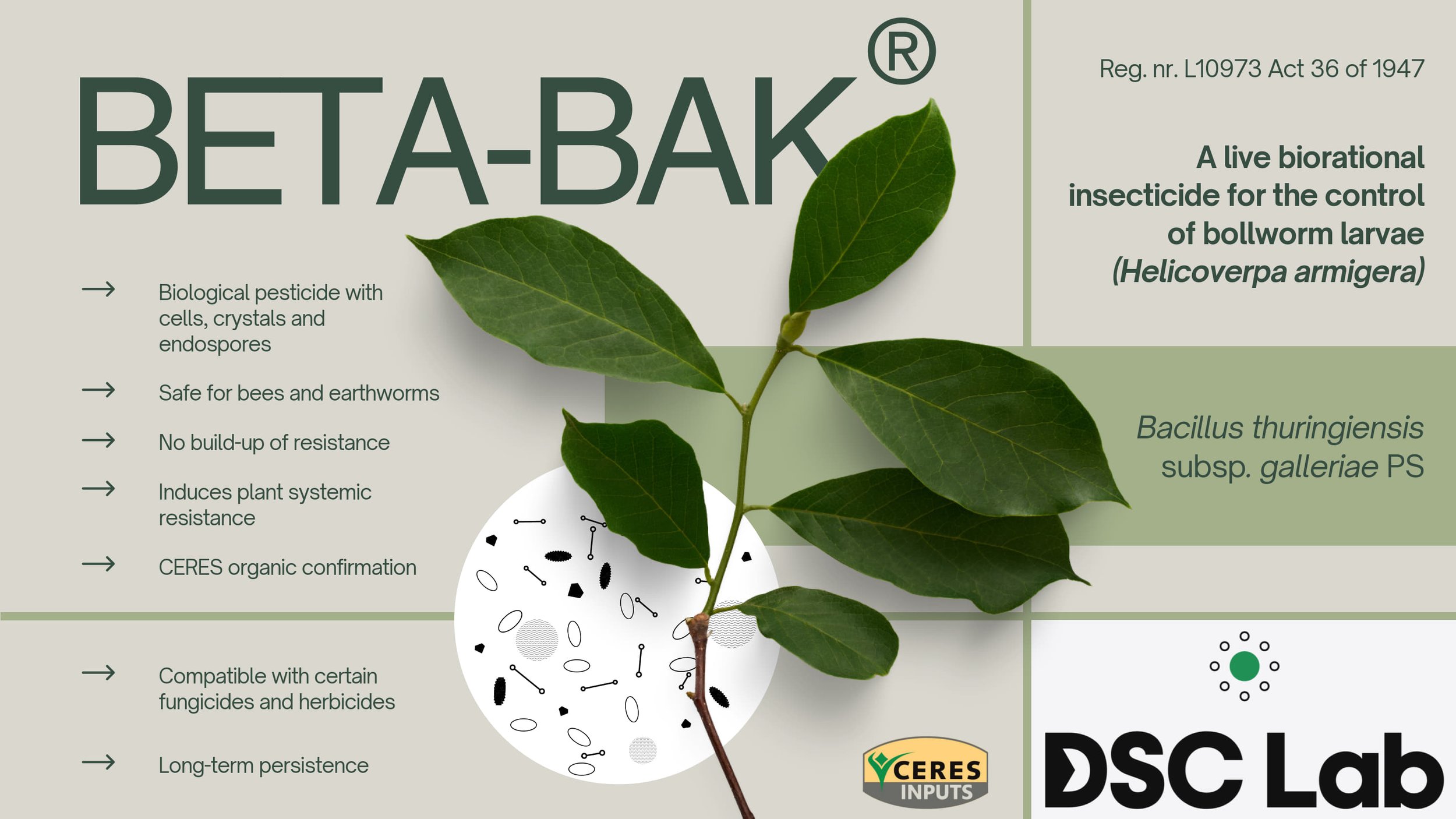 A plant with green leaves alongside text describing Bet-BAK, a live biorational insecticide for controlling bollworm larvae, with additional information and logos.